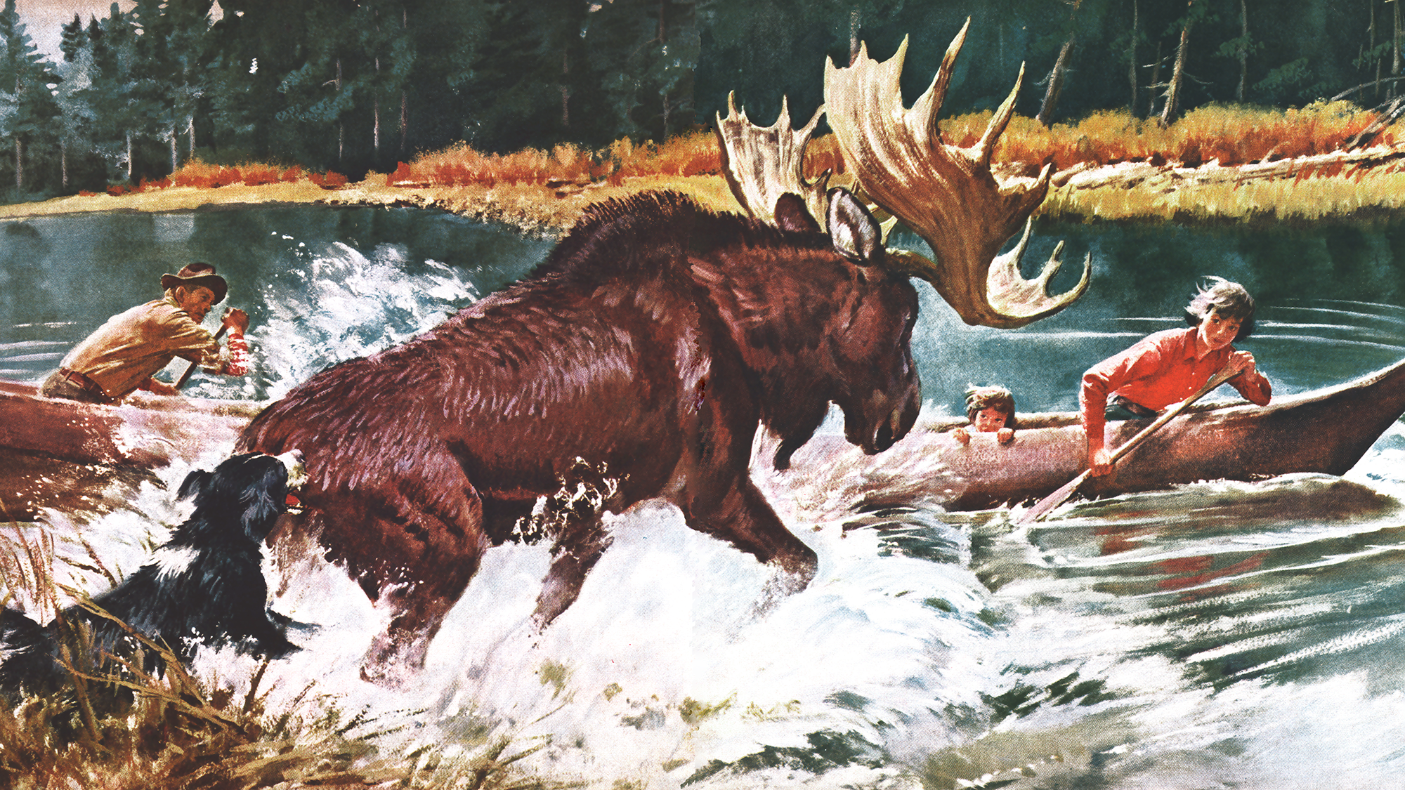 old magazine illustration of moose and canoe