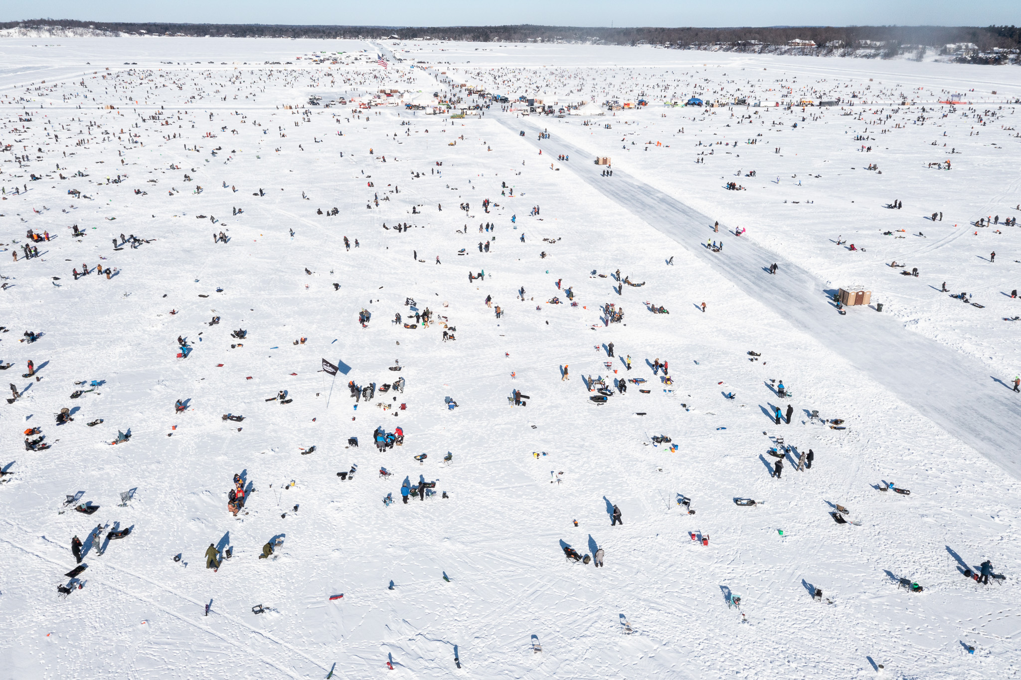 A drone shot of anglers on the ice at Brainerd Jaycees.