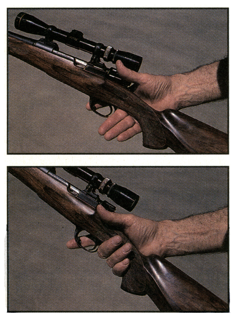 Two photos showing hands holding rifle.