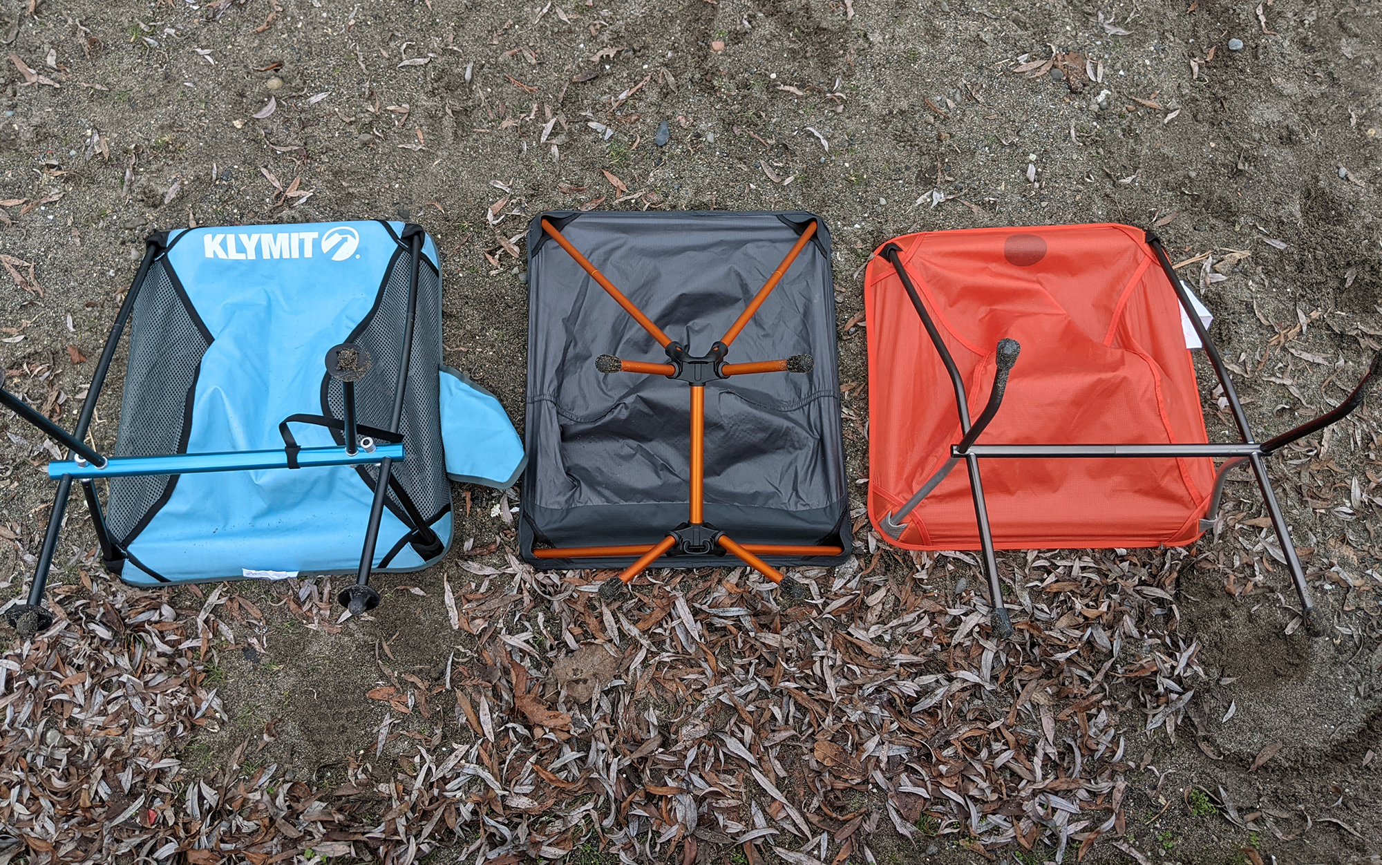From left to right, a look at the underside of the Klymit Ridgeline Short, the REI Flexlite Air, and the Big Agnes Skyline UL. 