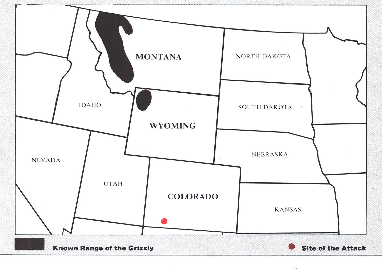 map showing site of bear attack and known grizzly range in 1980