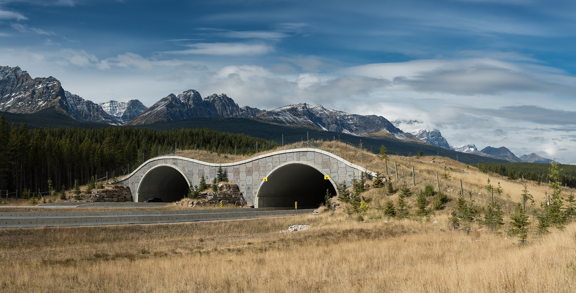 A wildlife bridge spans a highway in Canada.