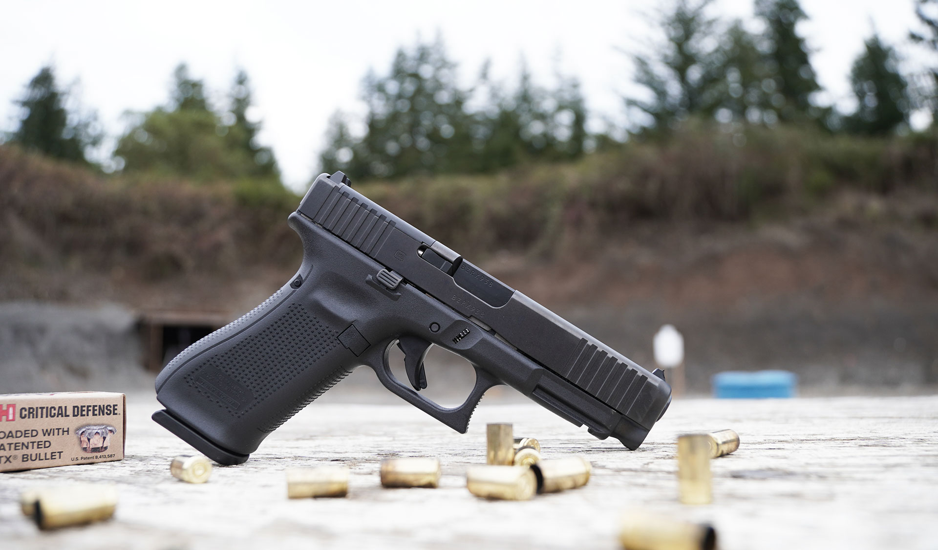 Glock G47 MOS on a bench at a gun range