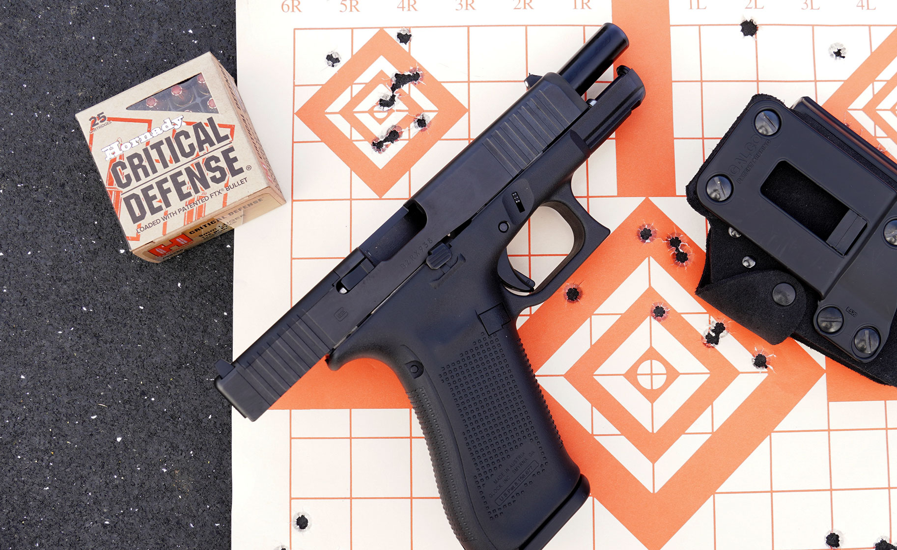 Glock G47 MOS with target and Hornady Critical Defense ammunition