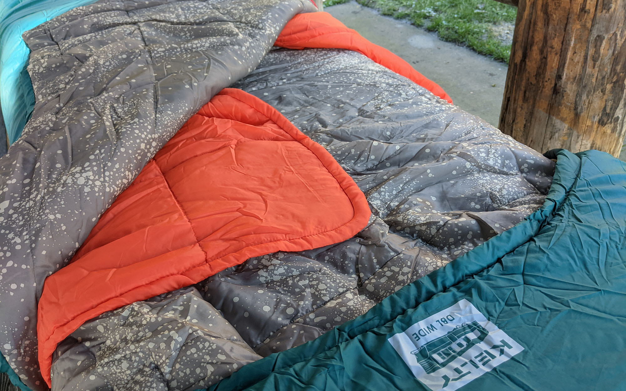 The double-layering of the Kelty Tru Comfort Doublewide allows couples to share a sleeping bag without overheating in warmer temps.