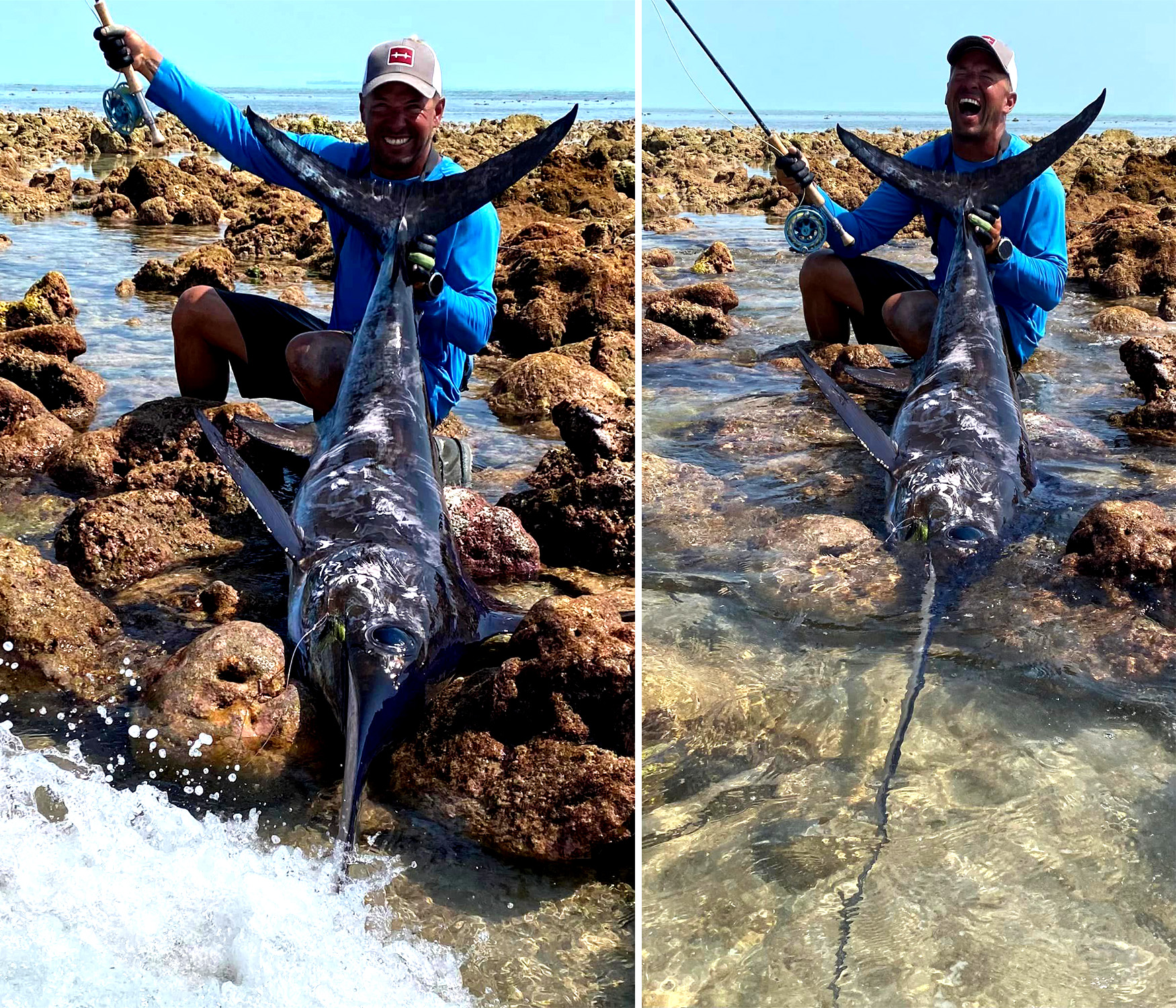 Thomas Paulsen holds up the roughly 102-pound swordfish that he caught on the fly.