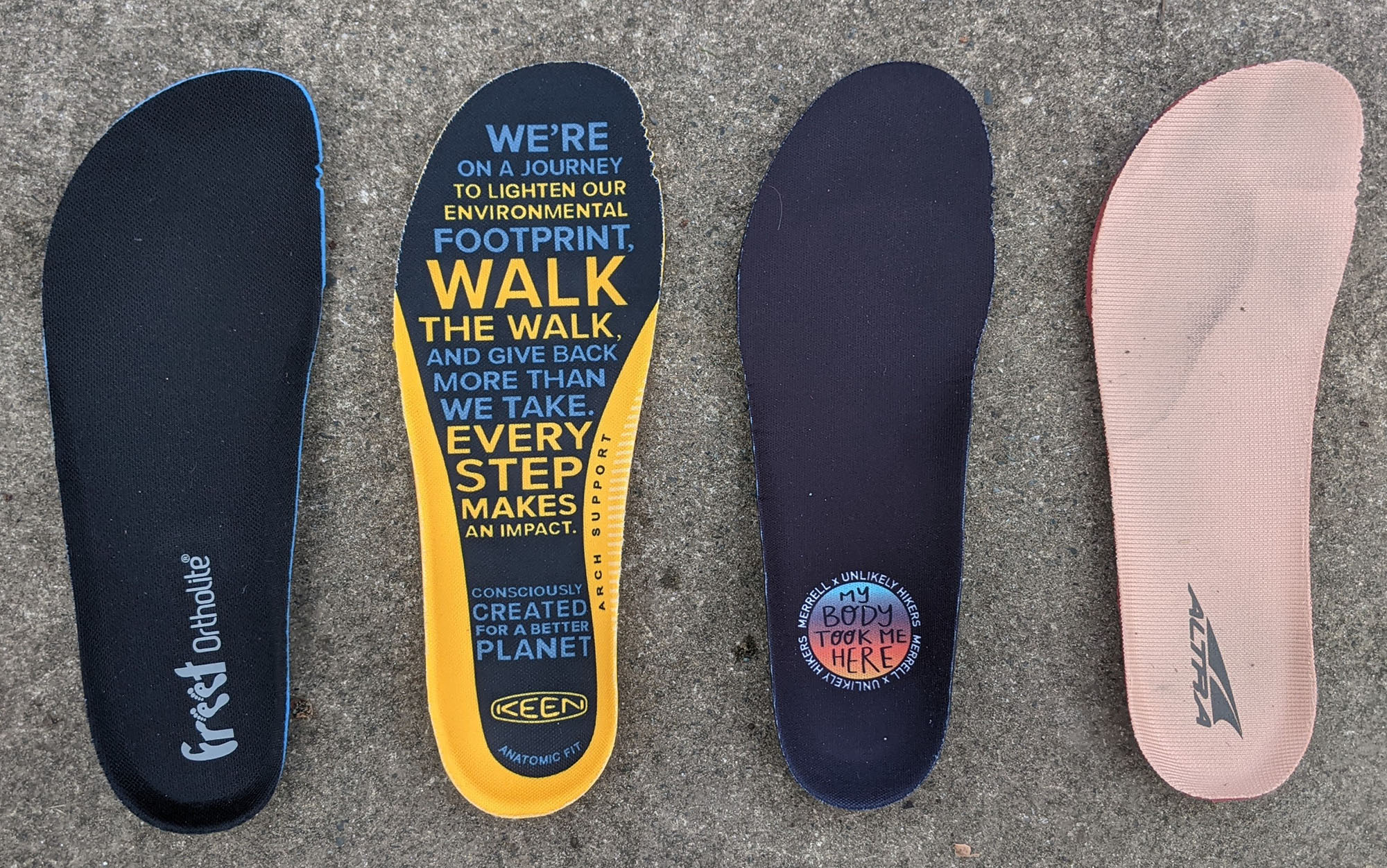The insoles of wide-width shoes can sometimes vary substantially. From left to right, the insoles for the Freet Tundra, KEEN Targhee, Merrell Moab, and Altra Lone Peak. 