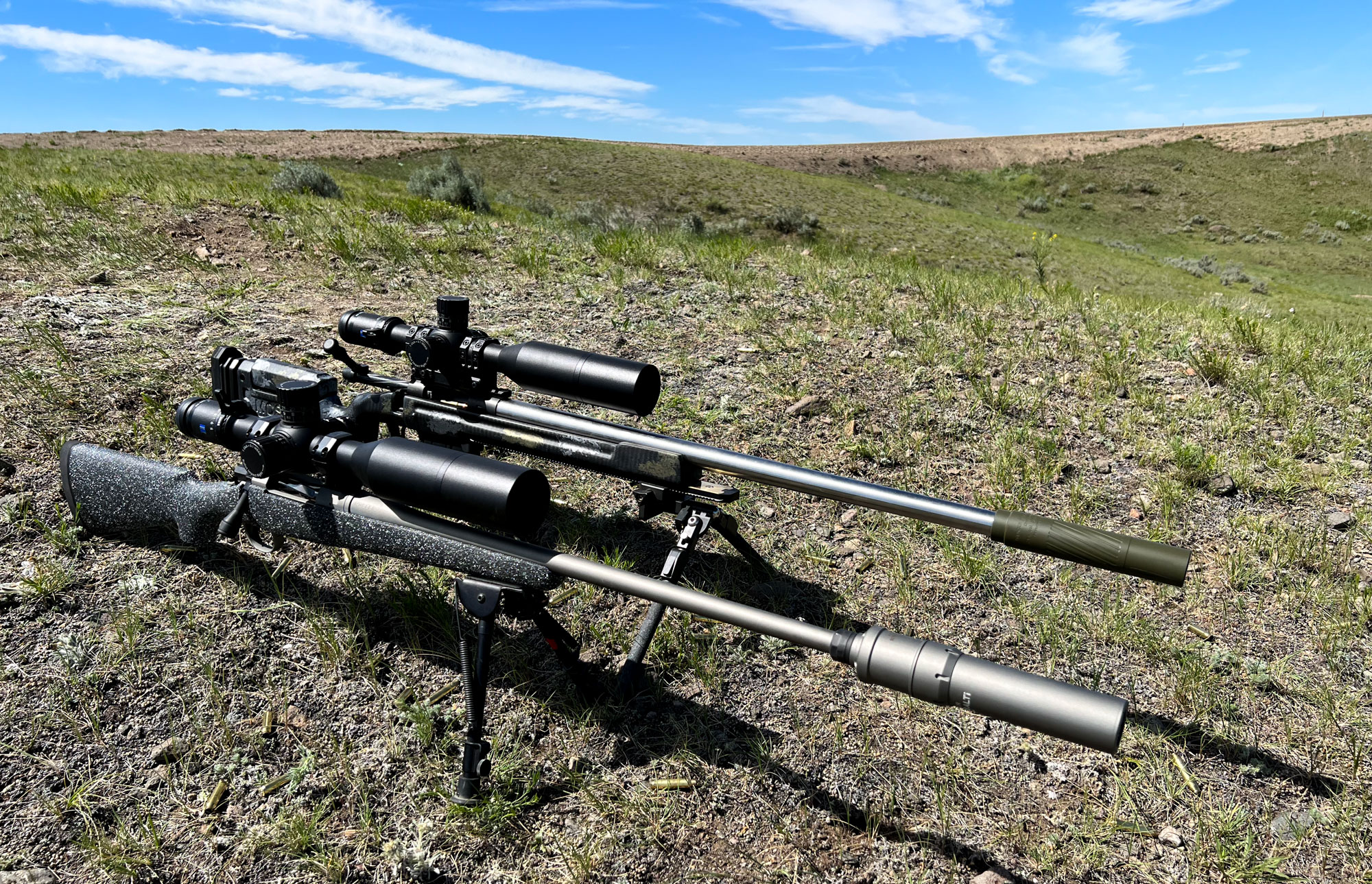 Two Zeiss LRP S5 5-25x56 scopes on rifles in Montana