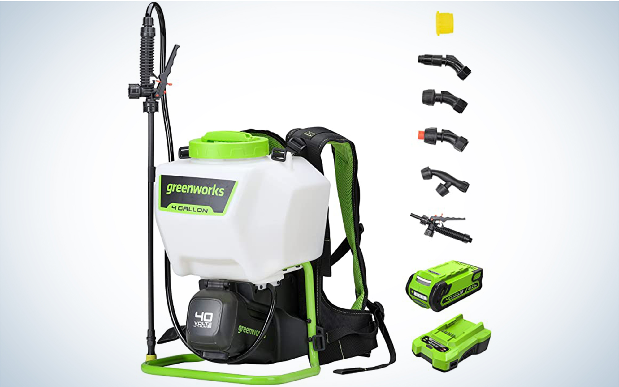 The Greenworks 40-Volt, 4-Gallon, Battery-Powered Backpack Sprayer is the best battery-powered backpack sprayer.