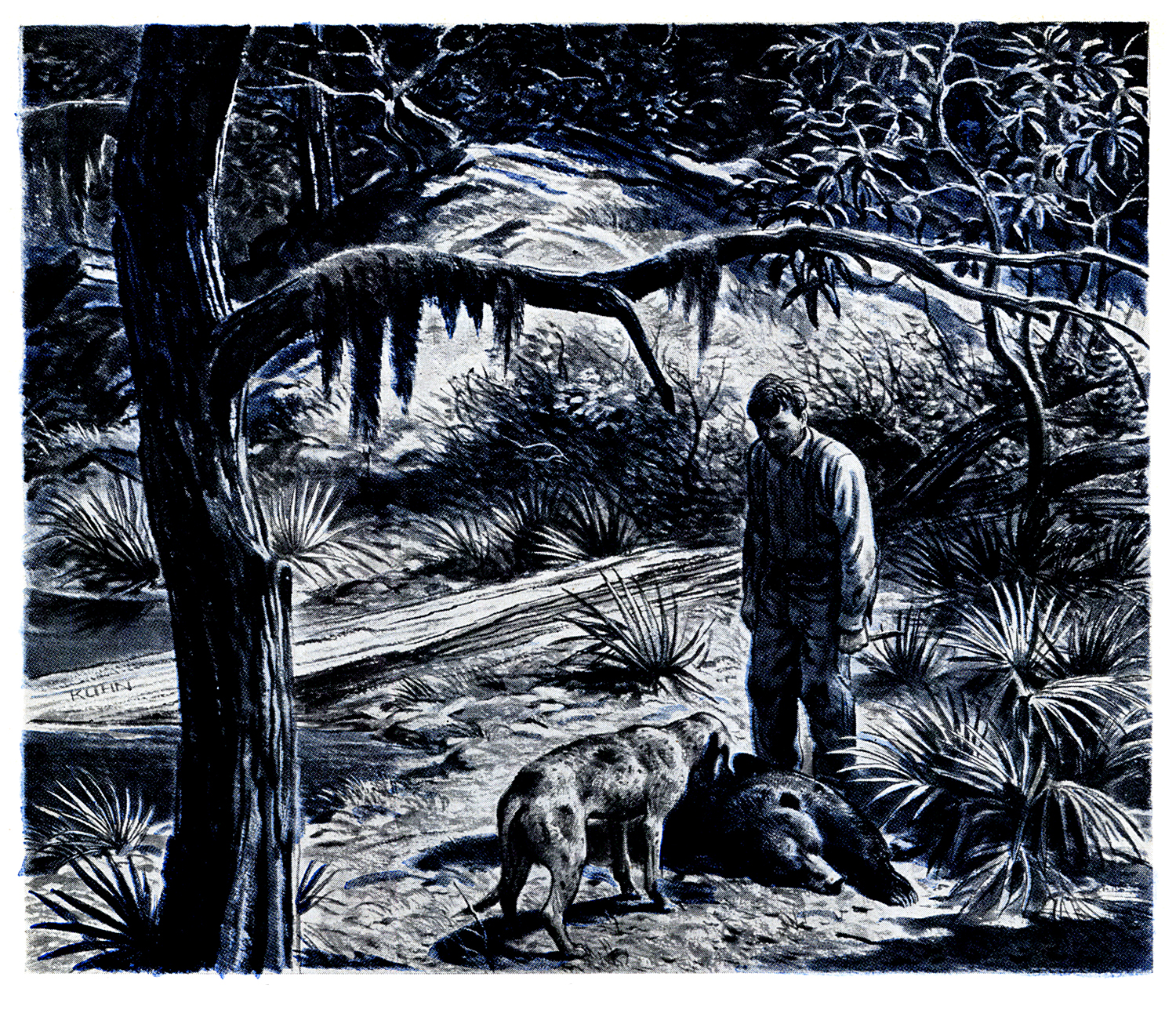 old magazine illustration of man, dog, dead bear in woods