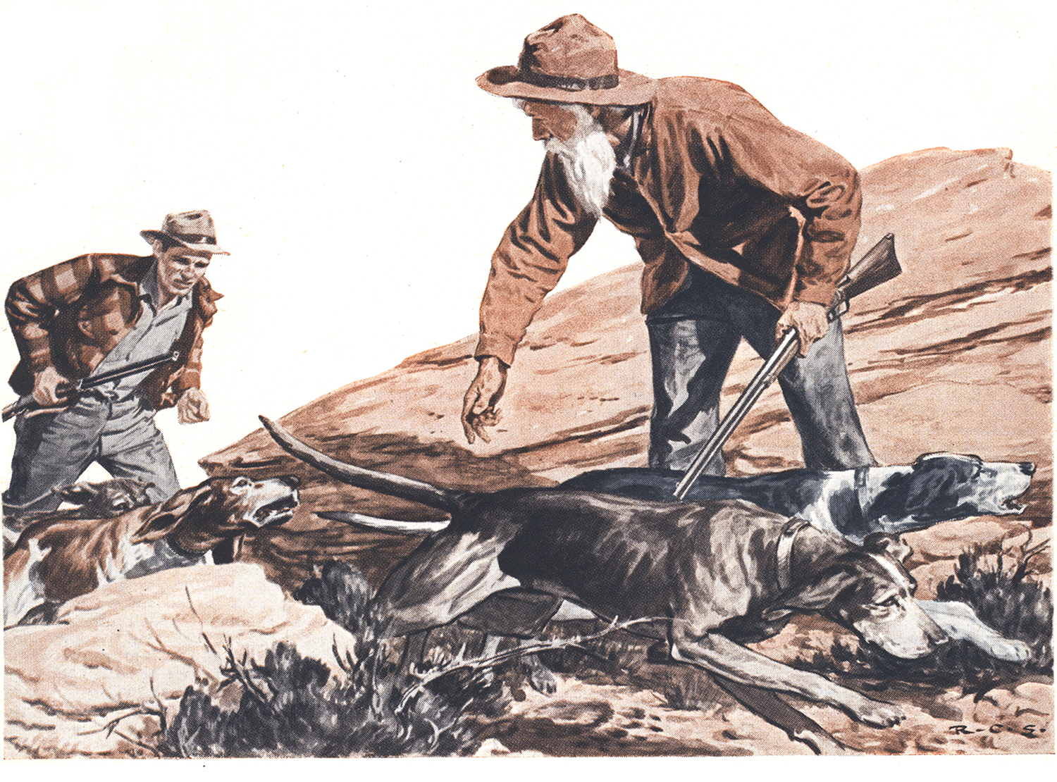 old magazine illustration of hunter directing hounds in desert environment