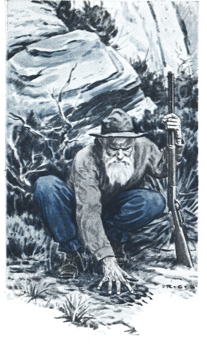 old magazine illustration of hunter looking at bear paw print