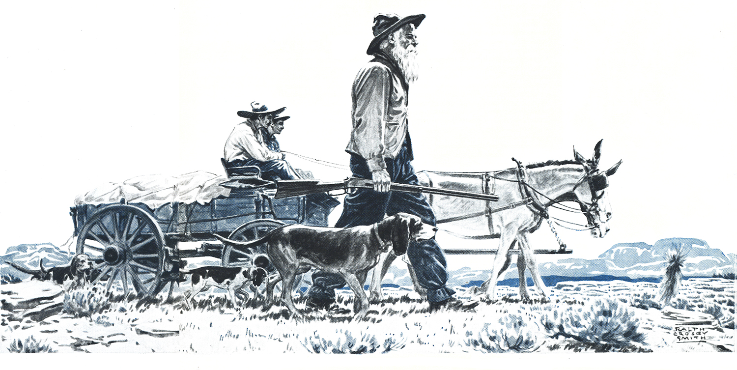 old magazine illustration of mule-drawn cart with hunter and dogs walking alongside in desert