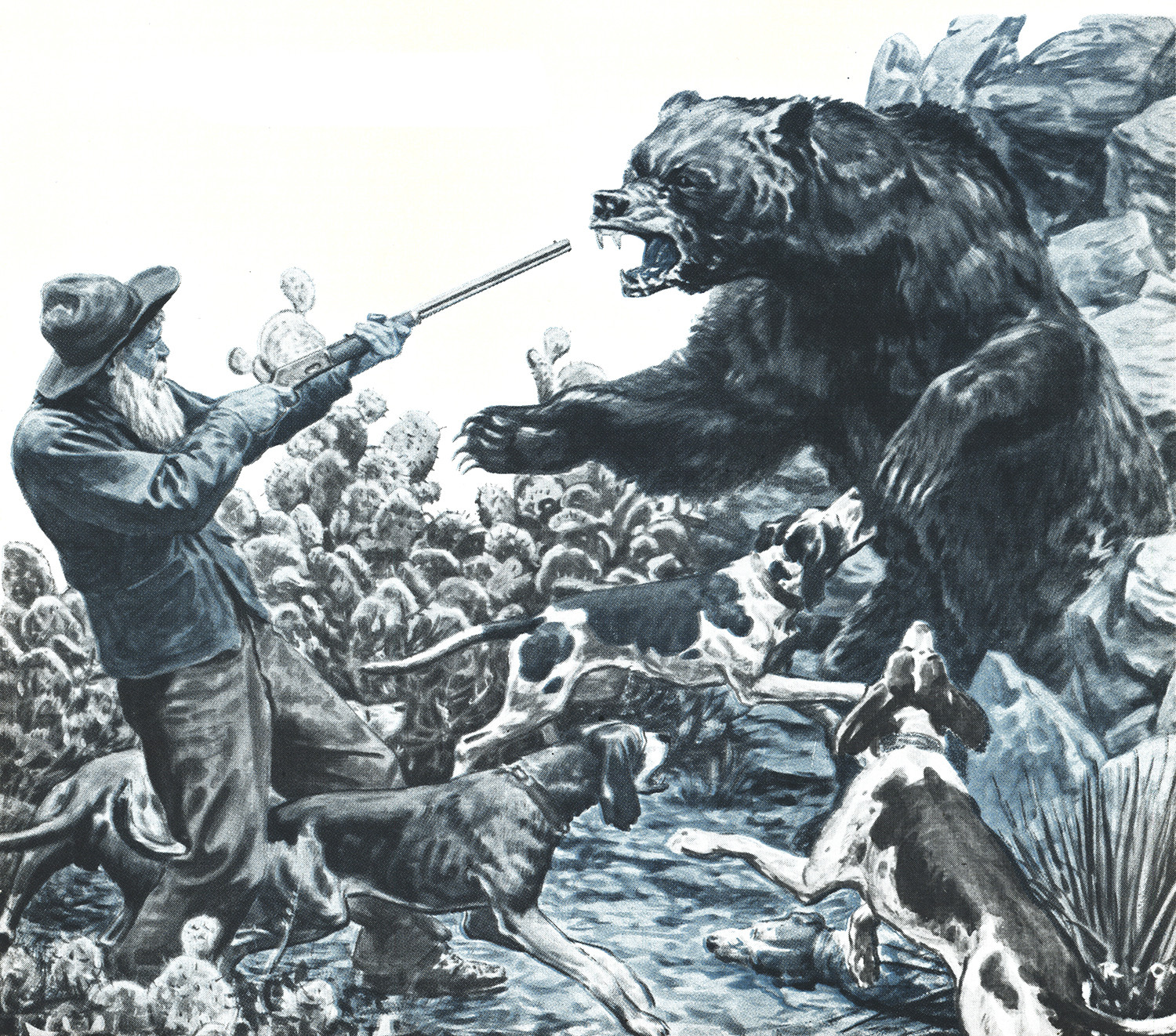 old magazine illustration of man shooting bear, dogs surrounding bear