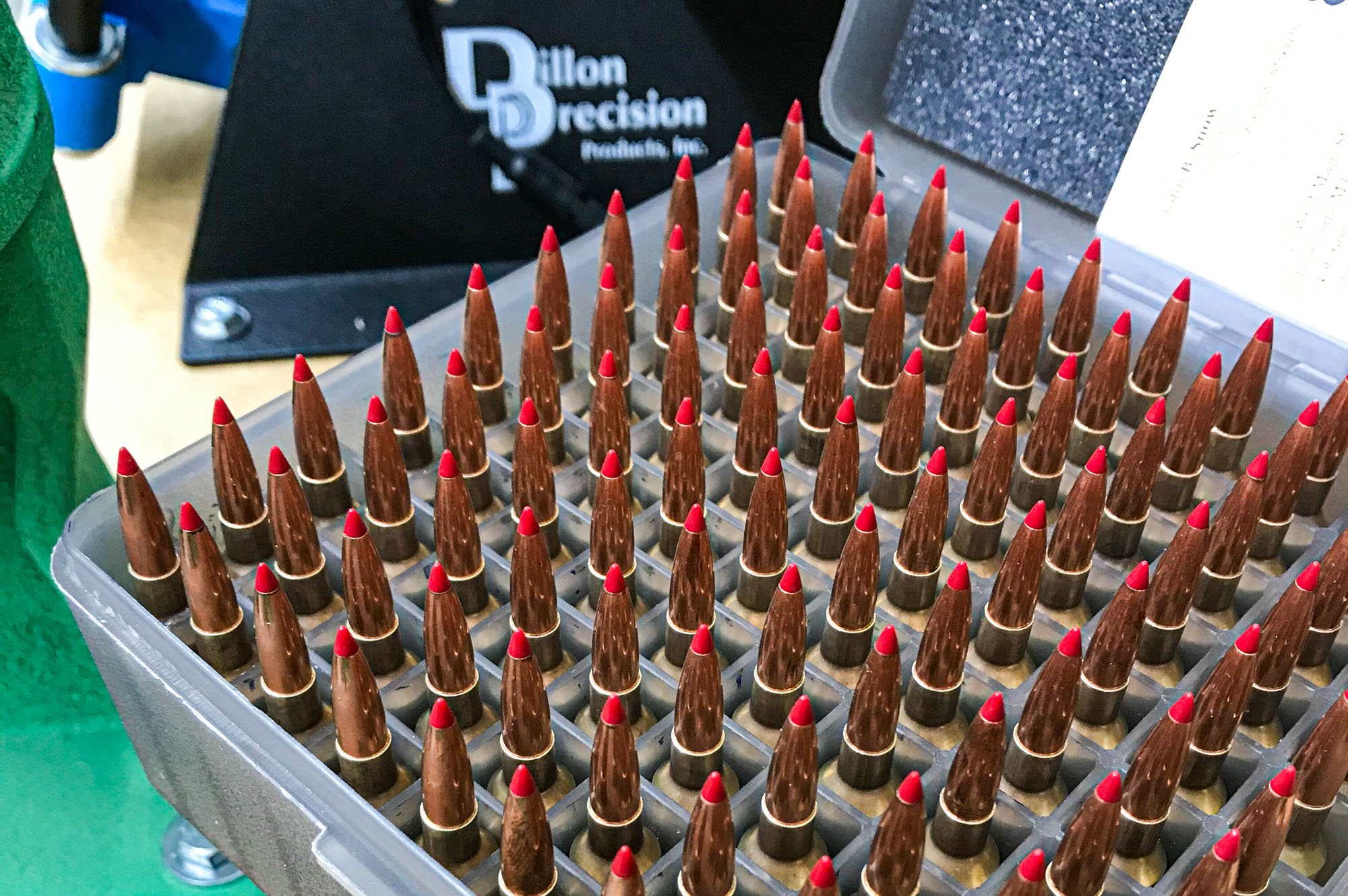 One hundred 147-grain ELD-M bullets loaded in 6.5 Creedmoor by the author prior to an NRL Hunter match.