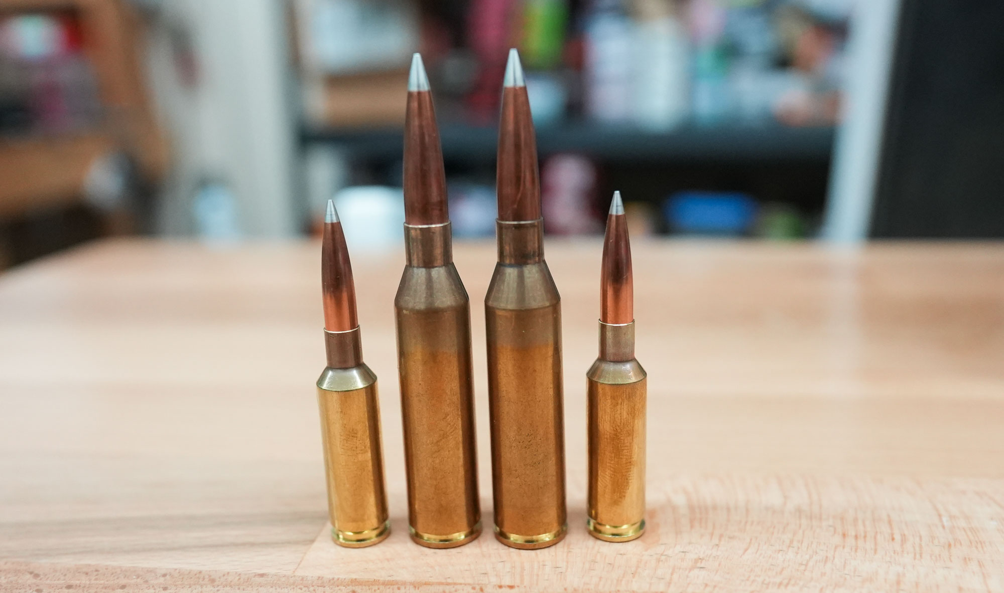 The A-Tip family spans a wide range of bullets. Here a pair of .308-caliber 250-grainers are flanked by 6mm 110-grain A-Tips.