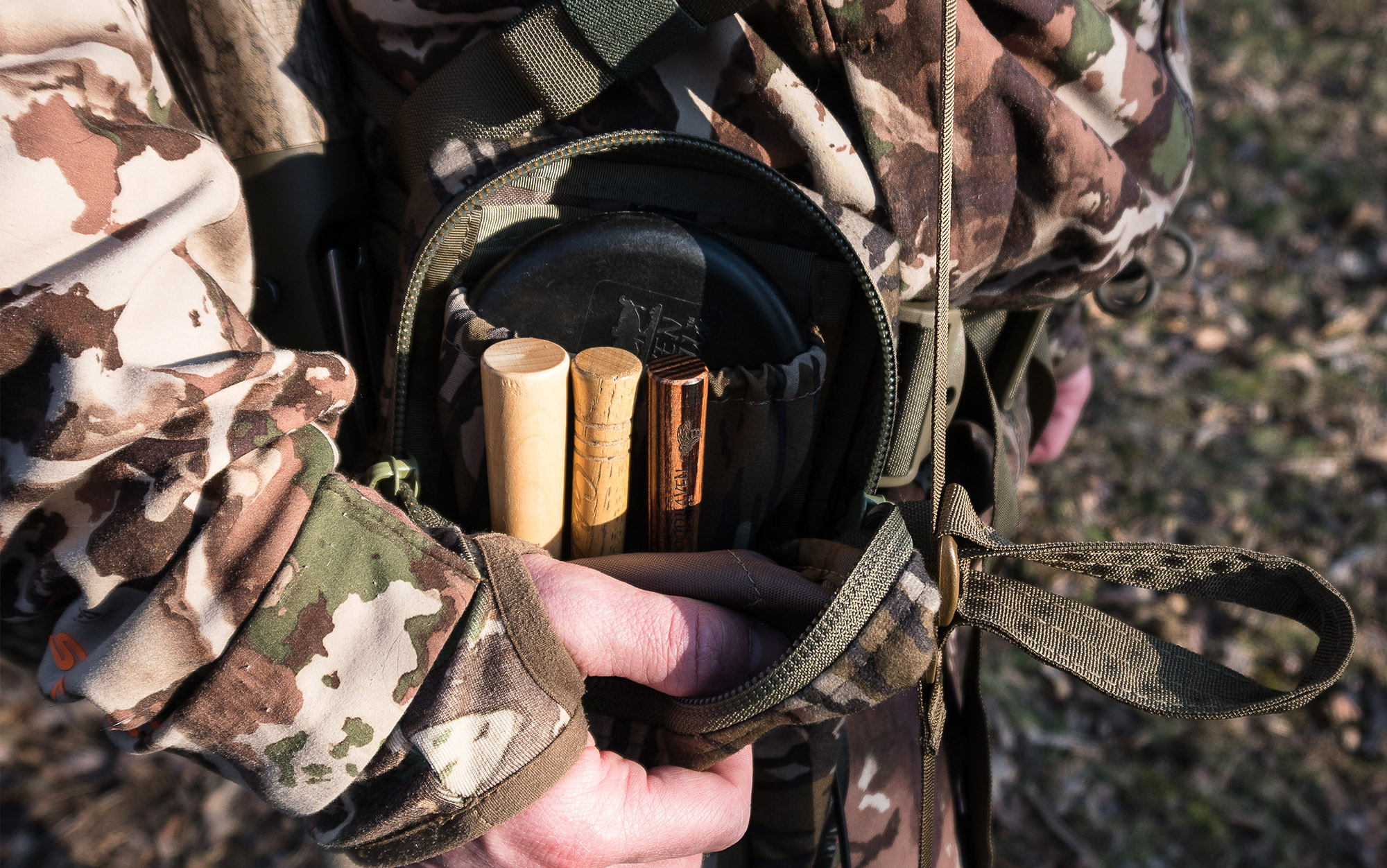 The Tethrd M2 Turkey Vest features specific storage for your calls.