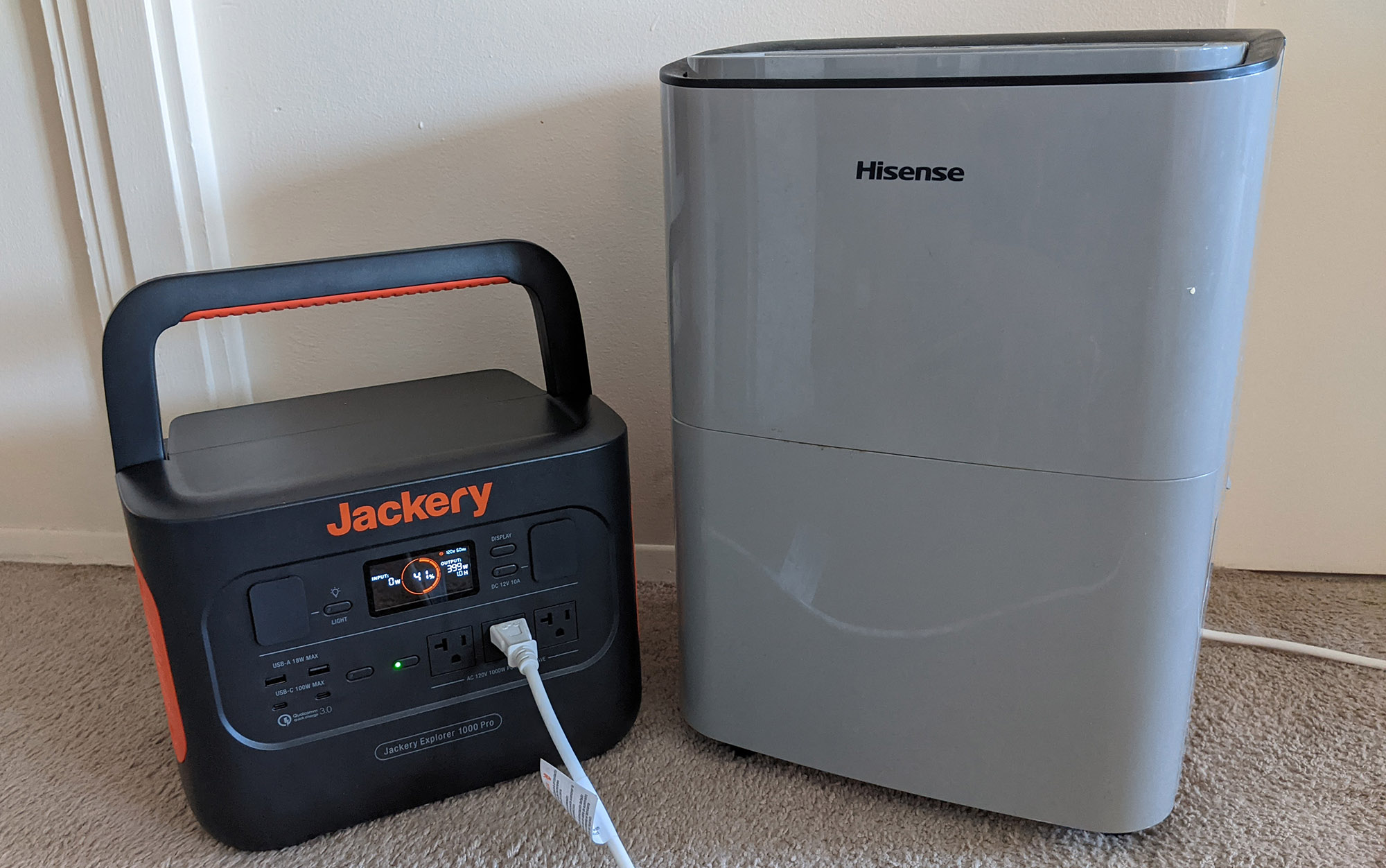 The Jackery 1000 Pro is capable of powering even power-hungry appliances, like this dehumidifier.