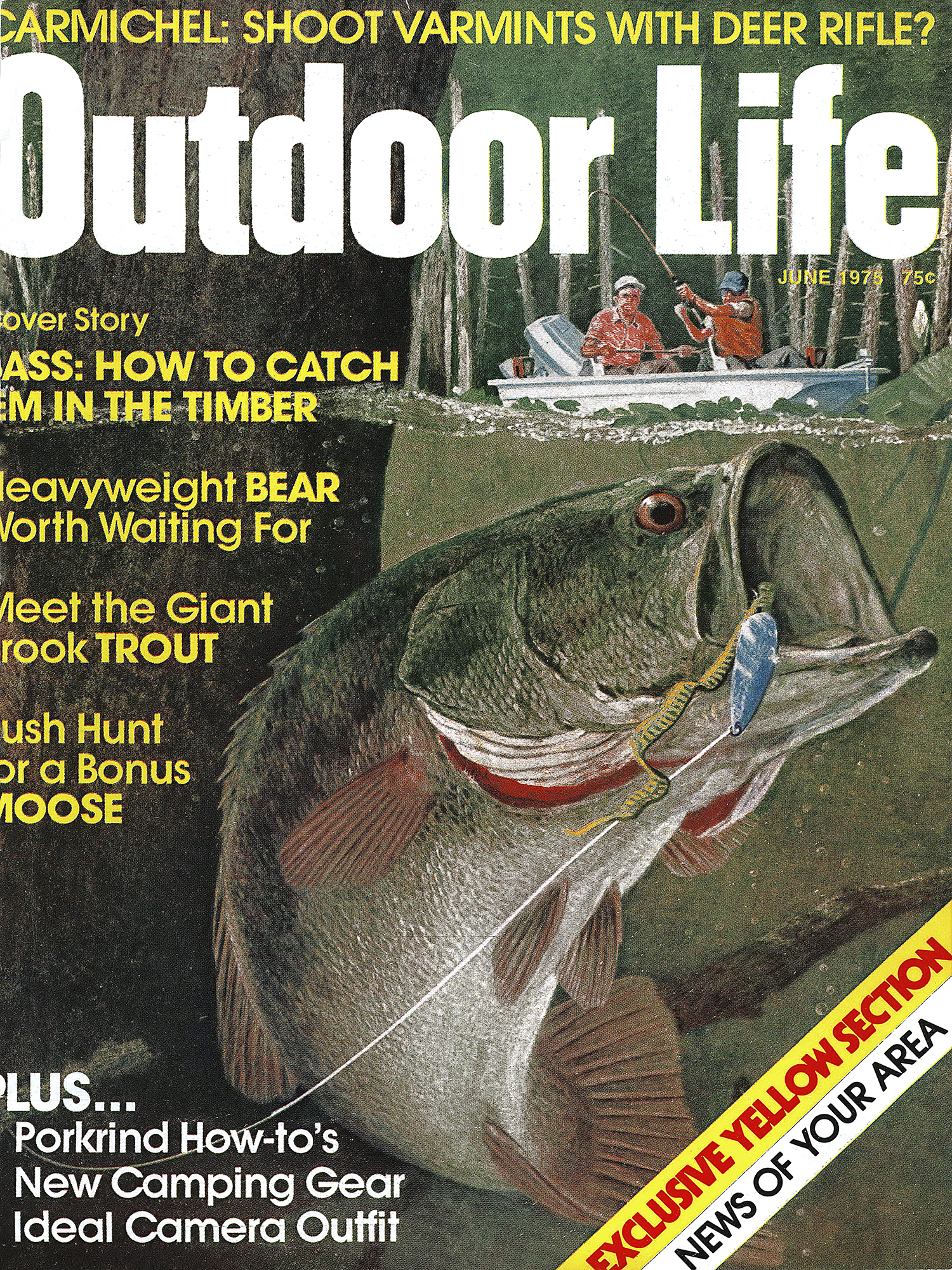 June 1975 cover of Outdoor Life showing two anglers and a largemouth bass in the foreground