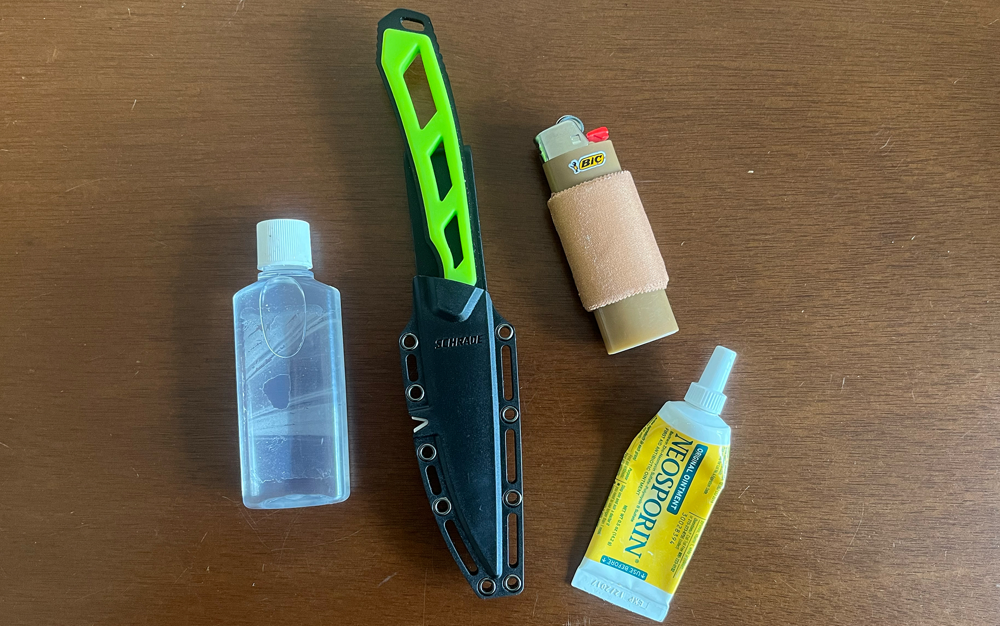 My blister kit includes a knife, rubbing alcohol, Leukotape, and Neosporin.