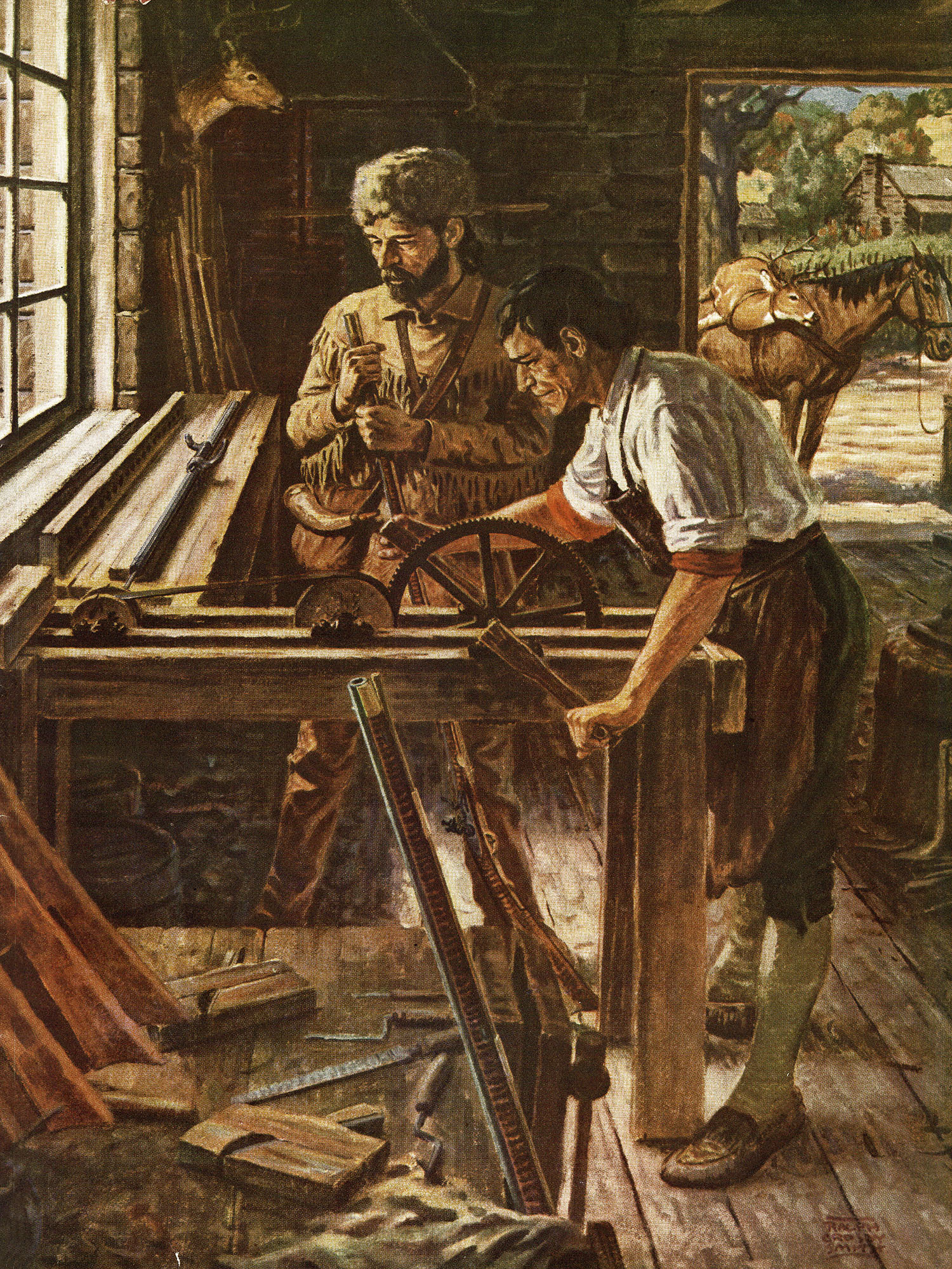 old magazine illustration of gunsmith shop