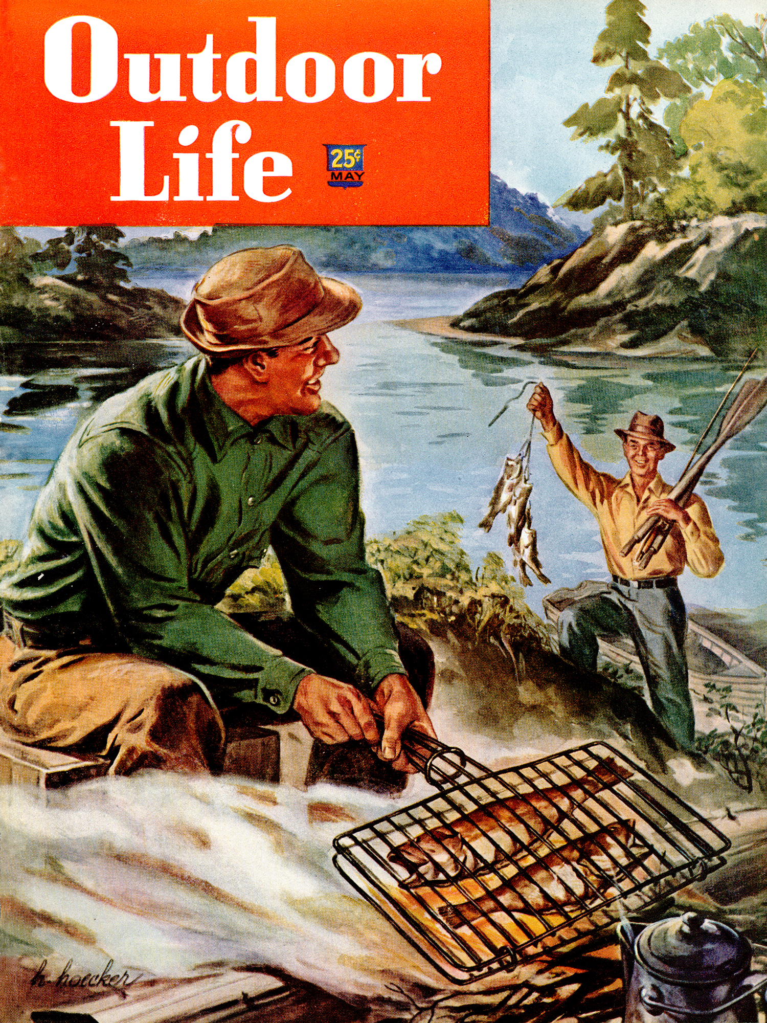 outdoor life cover from may 1948 showing two fishermen, one grilling, and one arriving with fish