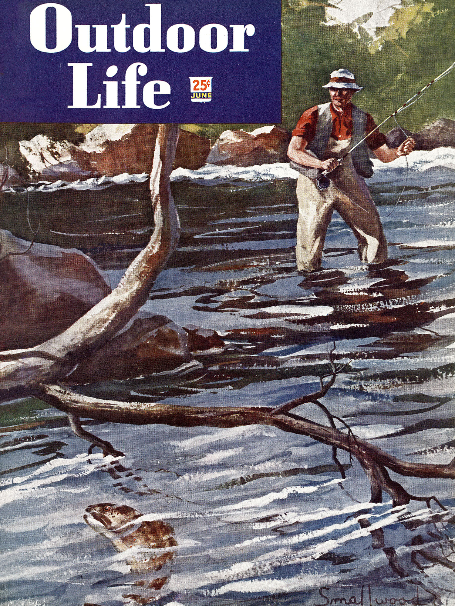 June 1948 cover of OL with fisherman and trout