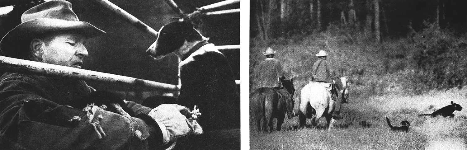 two old magazine photos: man with dog, two hunters on horseback following dogs