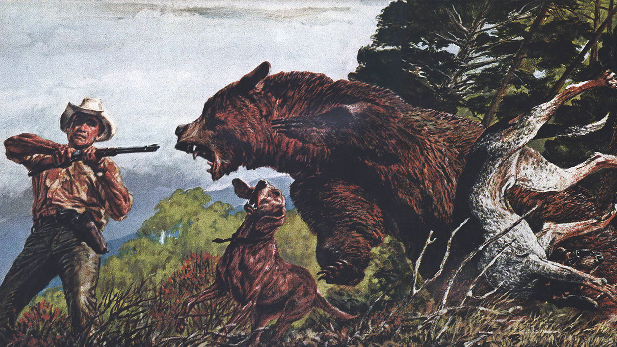 old magazine illustration (hunter shooting charging bear) and title