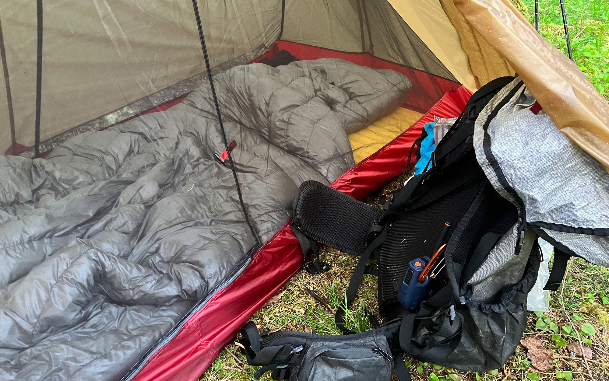 The interior of the MSR Freelite 1 fit a full-size rectangle Therm-a-Rest NeoAir, with our backpack and the rest of our kit stowed in the vestibule. Like with the Big Agnes Tiger Wall UL and NEMO Hornet OSMO, we appreciated that this one had multiple storage pockets inside.