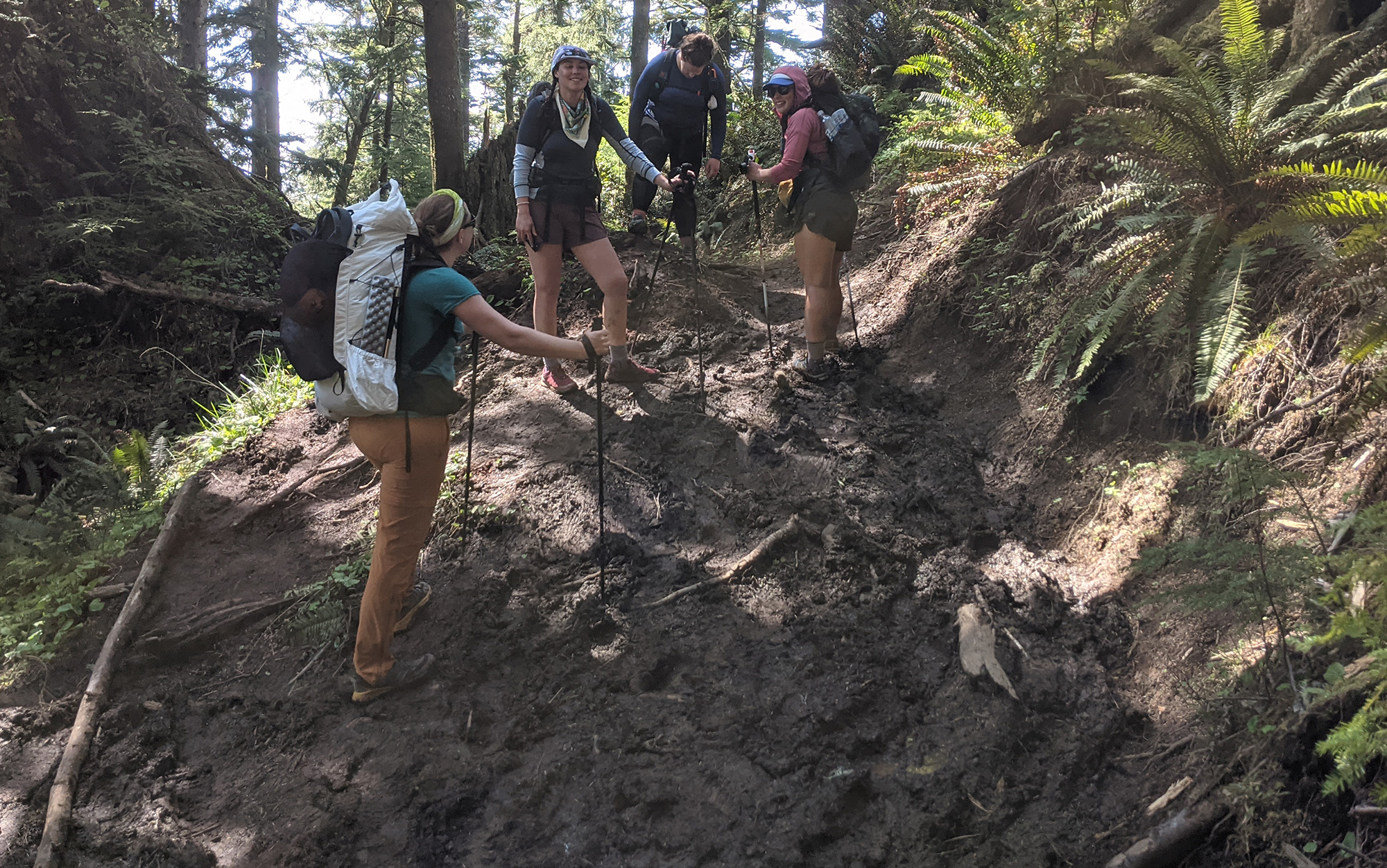 The testing group used the best trekking poles to navigate large, muddy up-hill sections of trail.