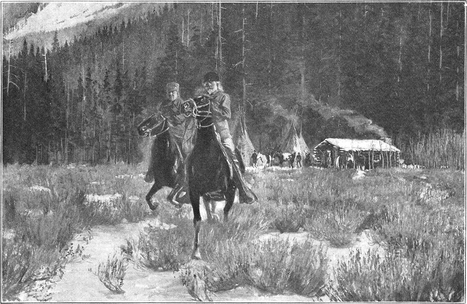 Buffalo Bill Cody rides from a log cabin.