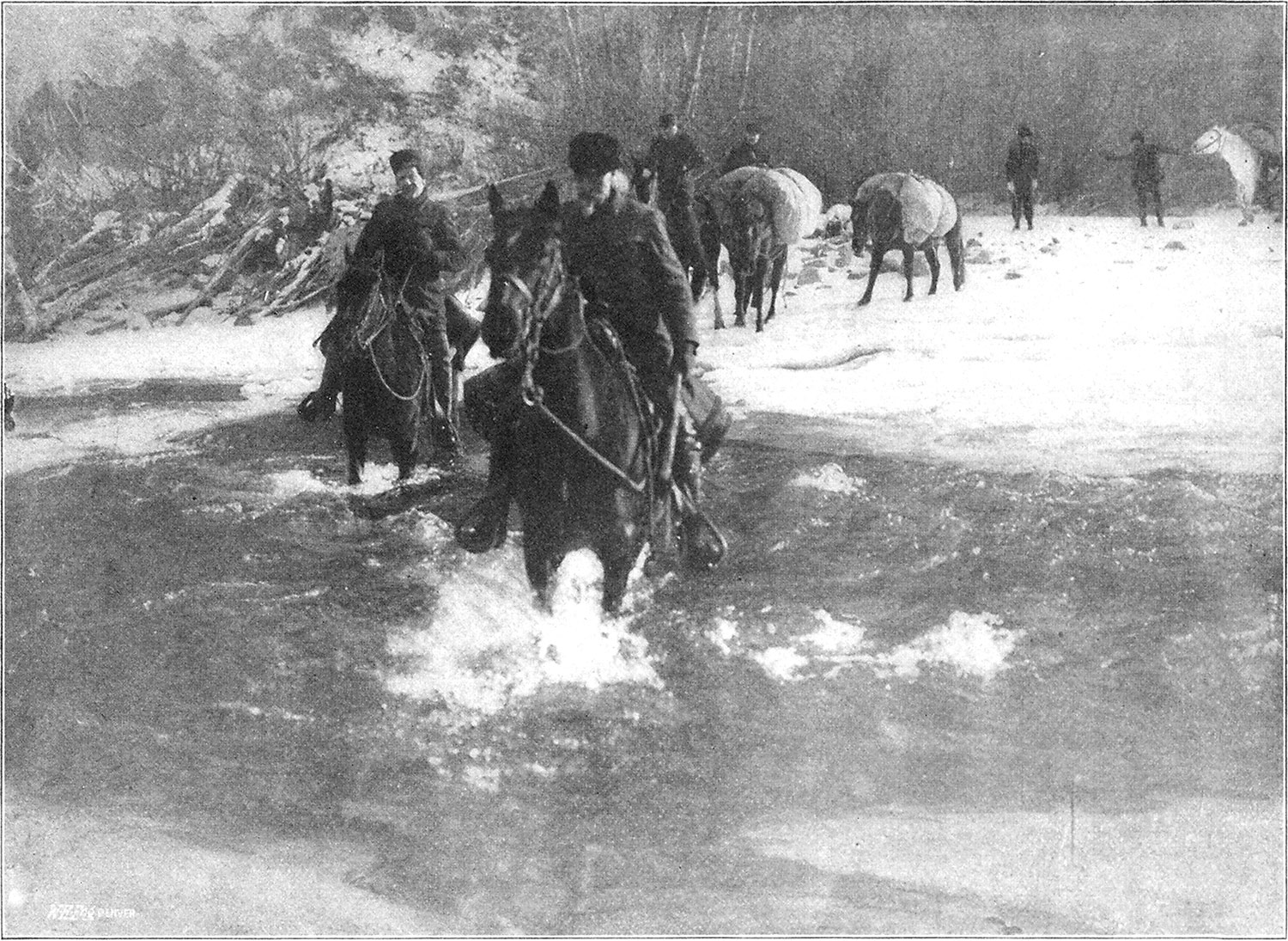 Buffalo Bill Cody crosses a river.