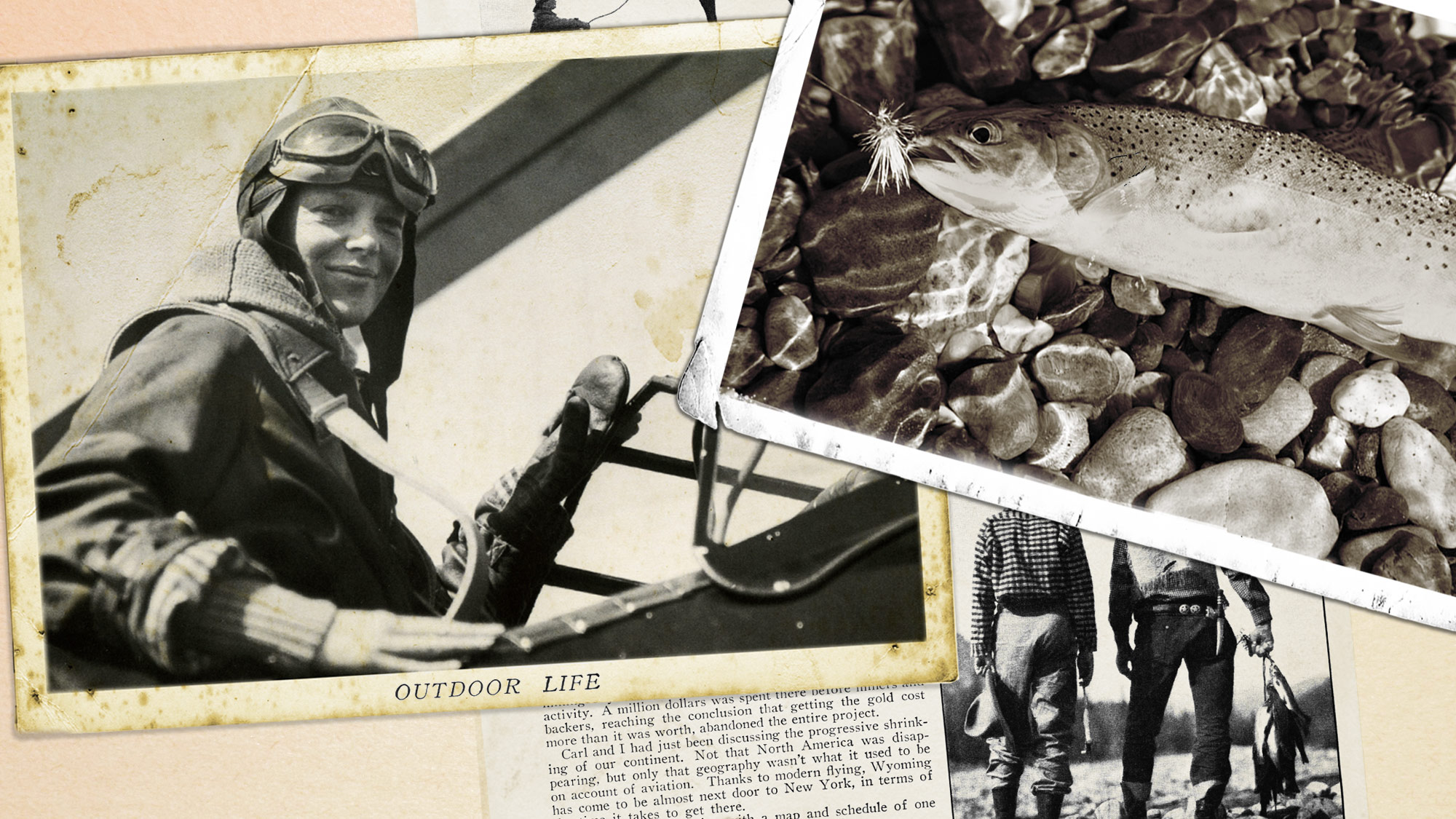 collage of photos showing amelia earhart, a cutthroat trout, two anglers
