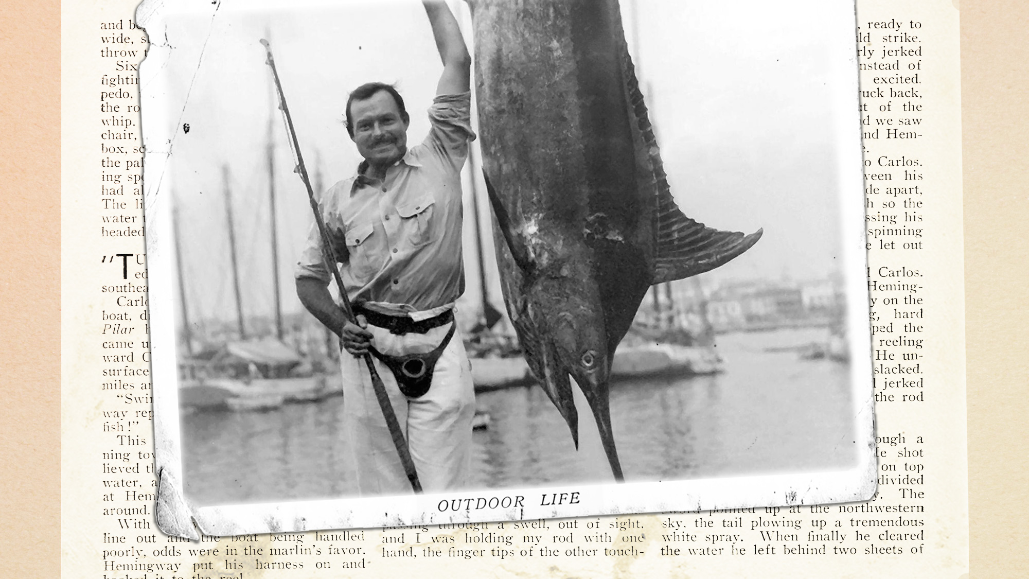 image of ernest hemingway and marlin on top of old magazine pages