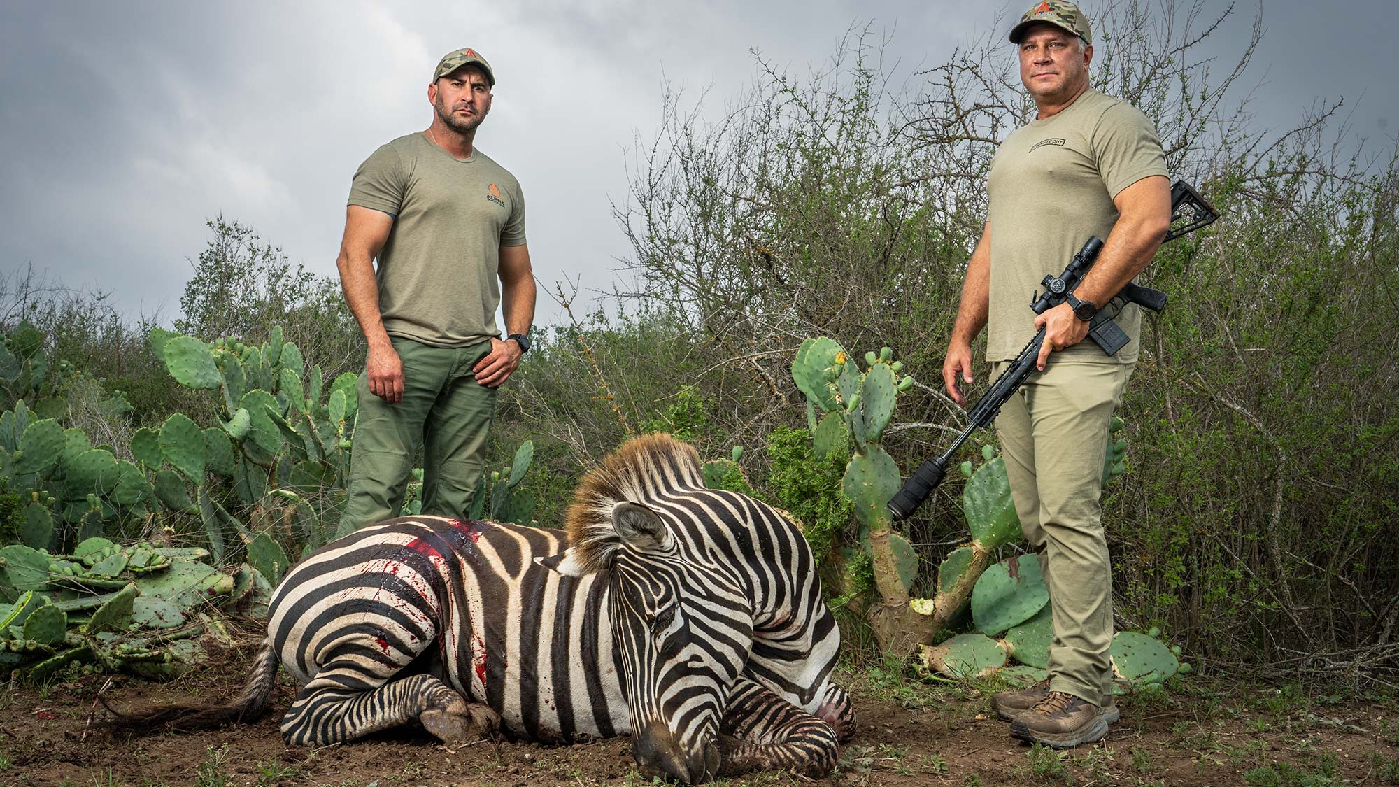 Two hunters in Texas with a plains zebra.