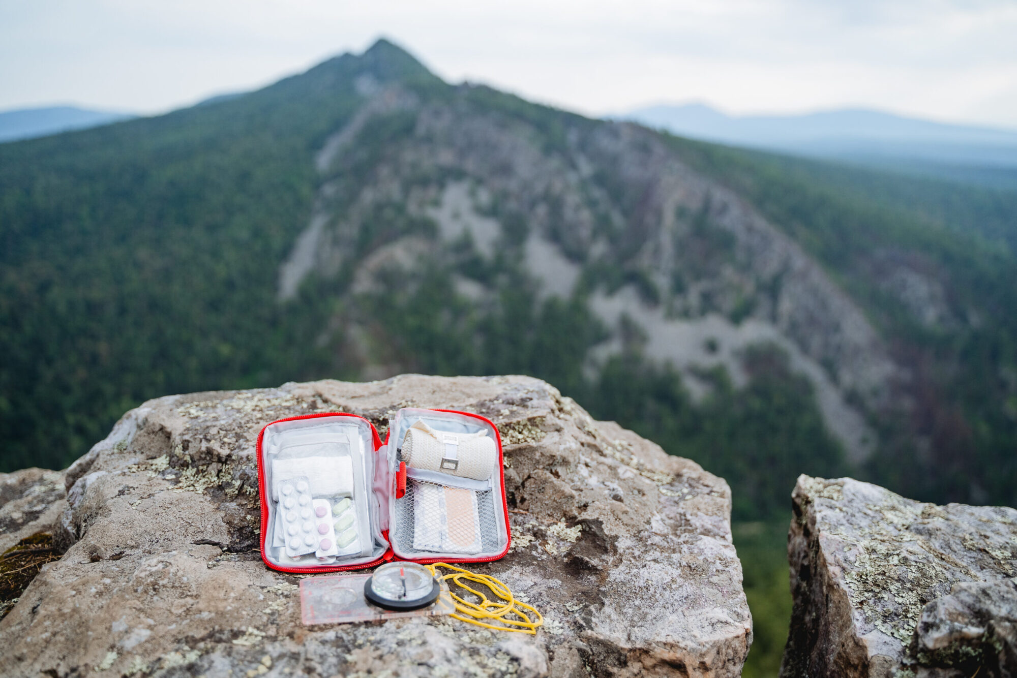 wilderness first aid kit in mountains