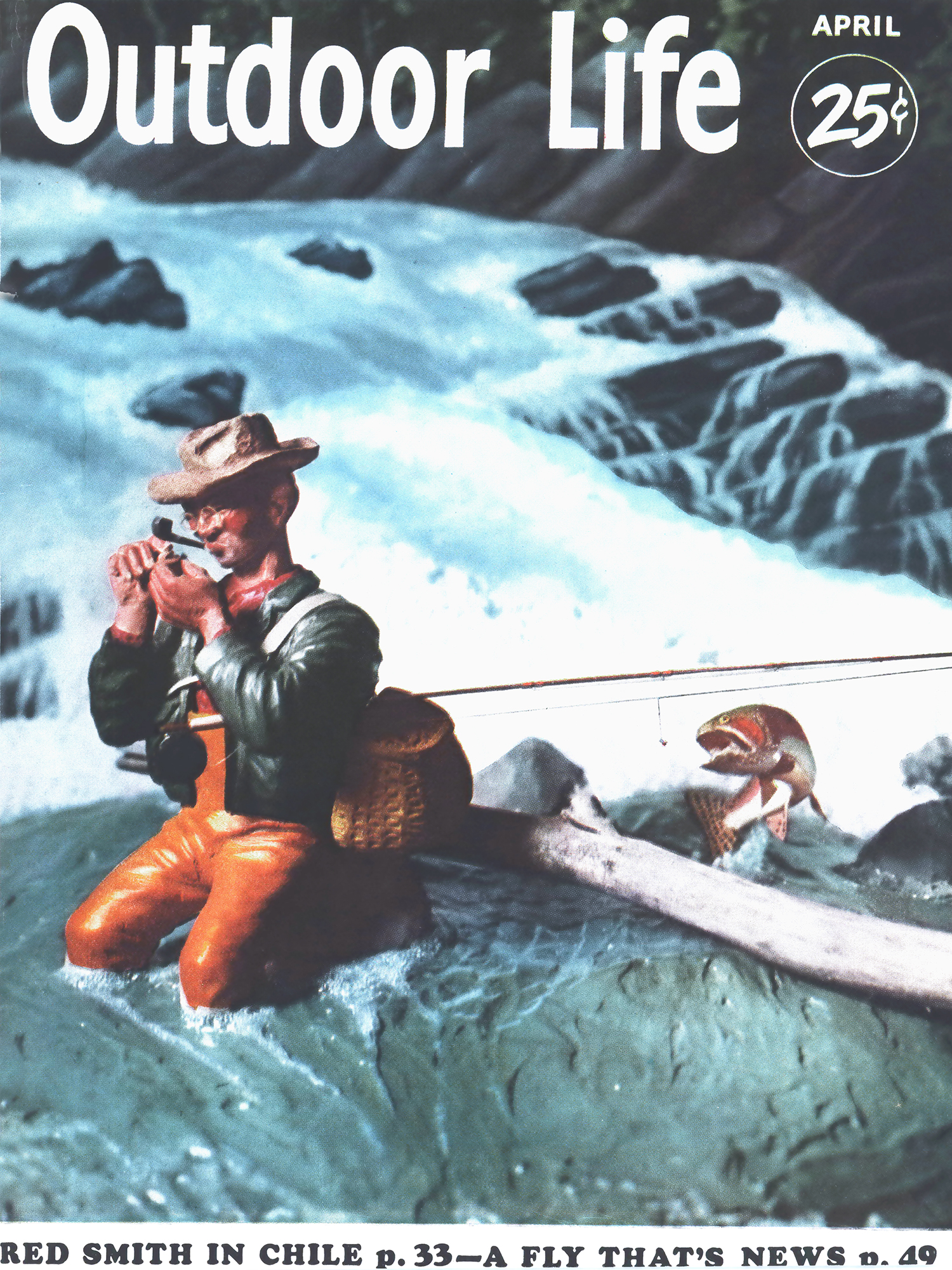 trout leaps behind fisherman who's lighting his pipe in this sculpture created for the cover