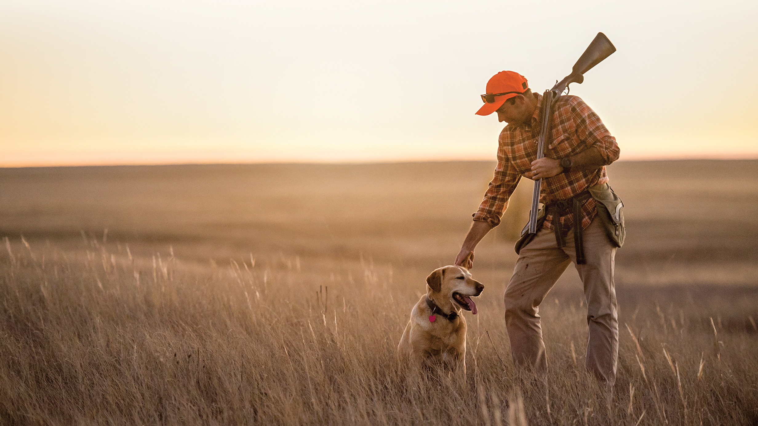 A hunter pats his dog while bird hunting on the prairie.