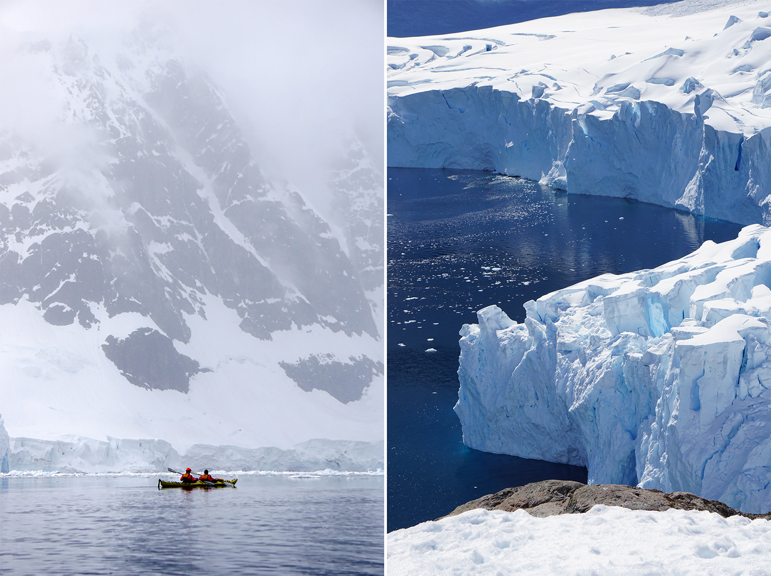 kayakers in antarctica, the edge of a glacier