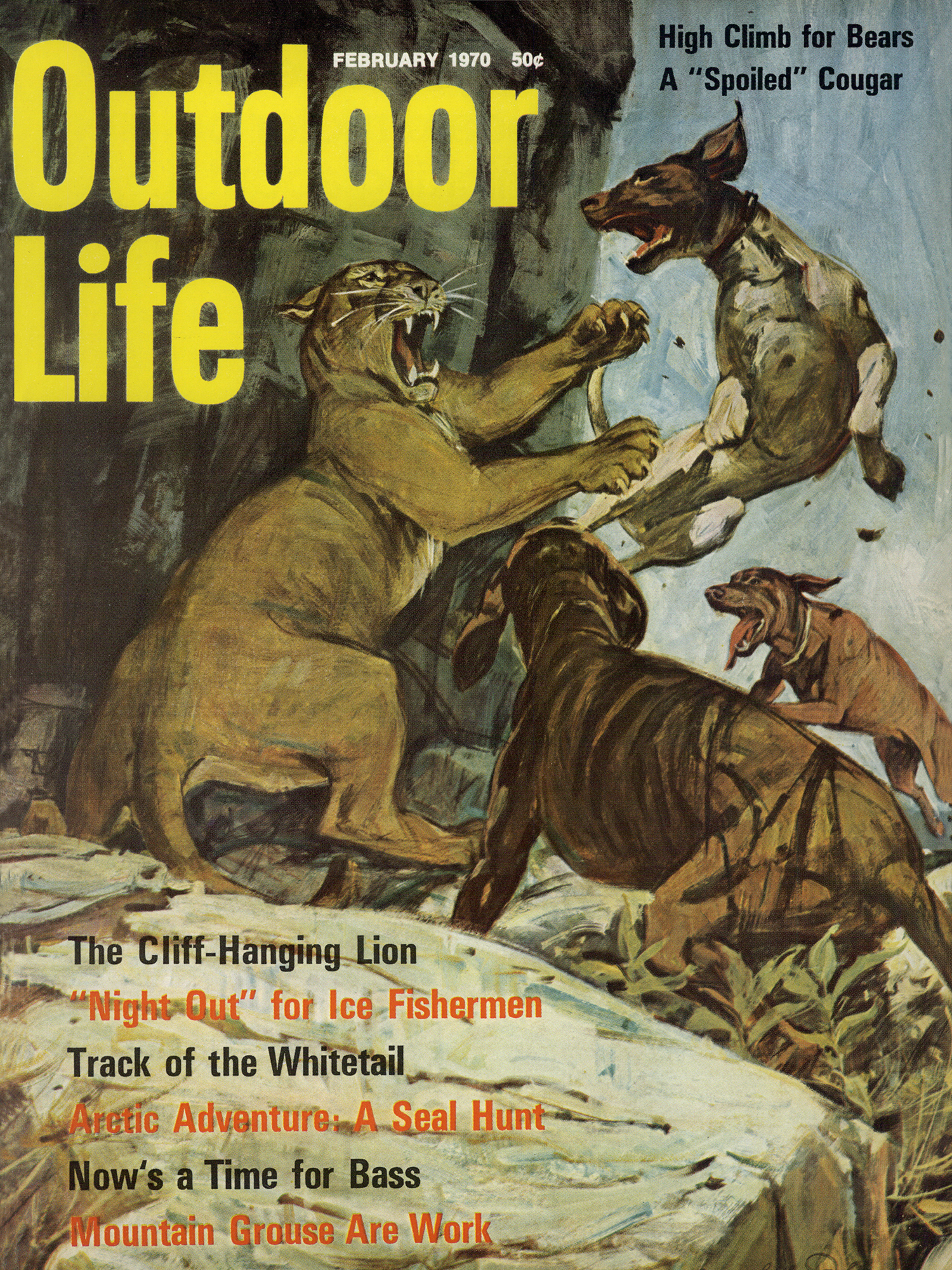 February 1970: A modern tribute to a common early cover subject—a bayed lion and loyal hounds.
