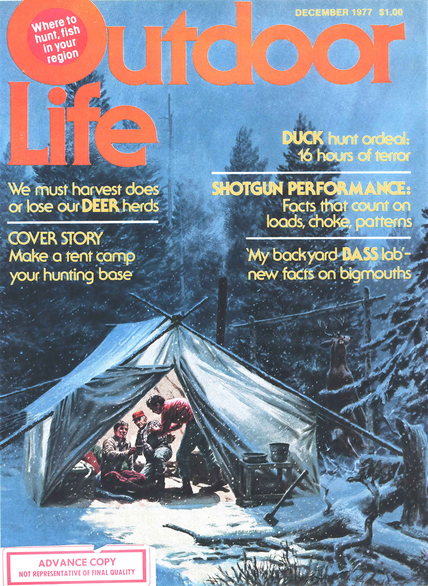 December 1977: A classic wall-tent cover with—look closely—a good buck on the meatpole.