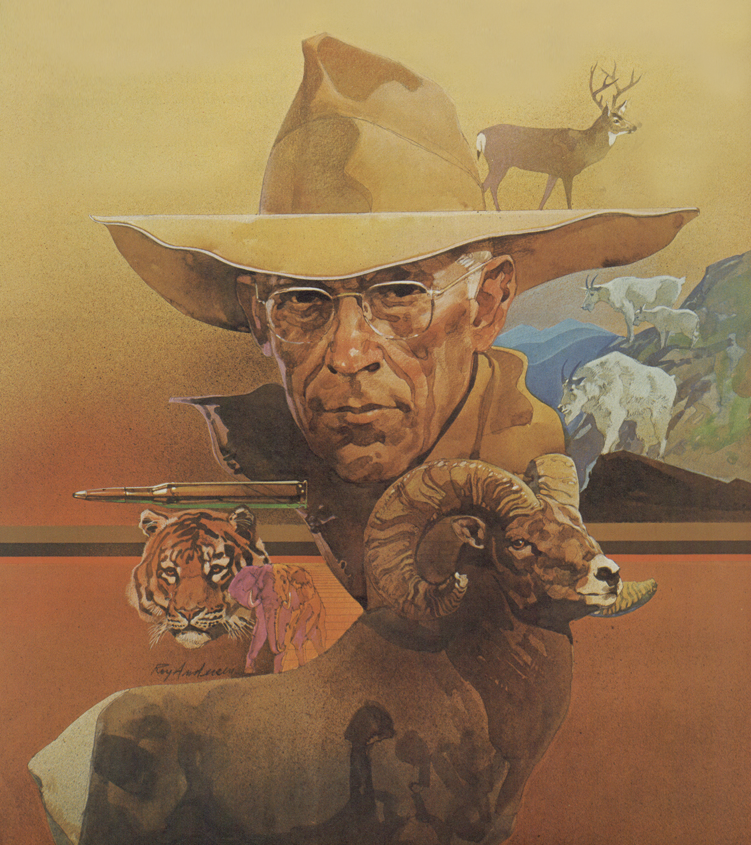 illustration of jack o'connor with big-game animals and rifle cartridge