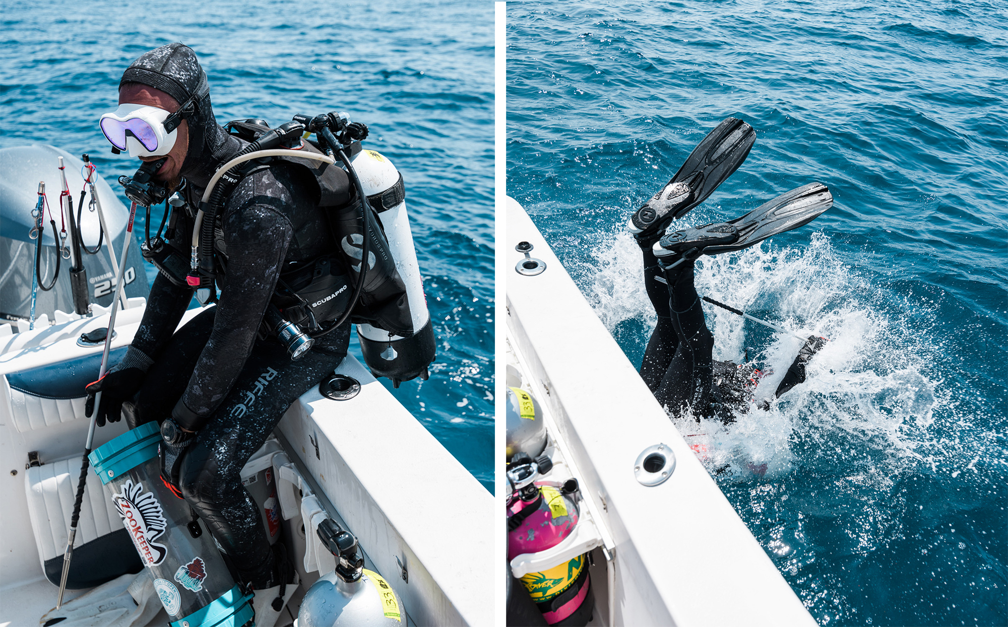A lionfish diver rolls off the boat into the water.
