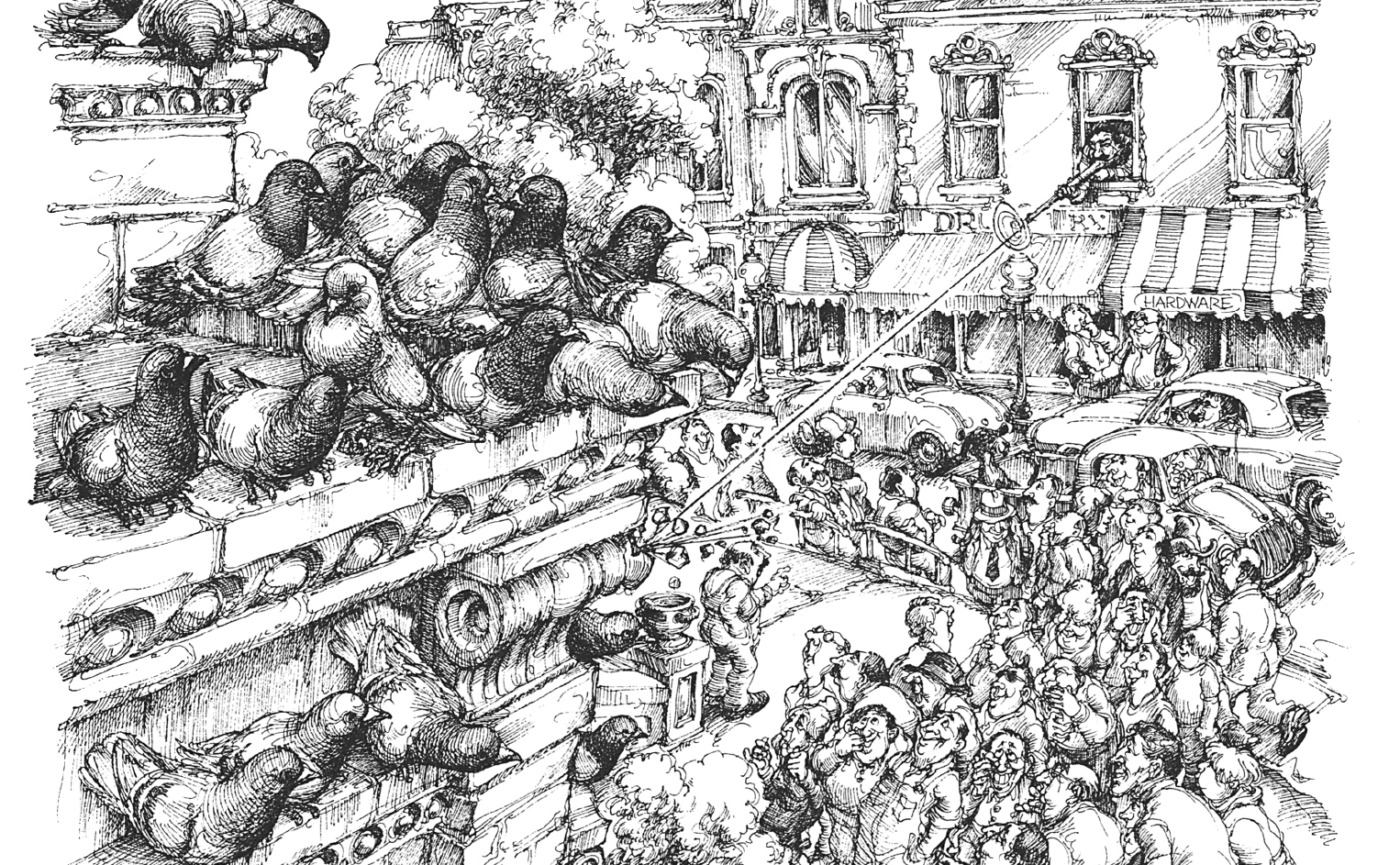 A black and white illustration of pigeons on a building, a crowd, and a man shooting at the pigeons from a window.