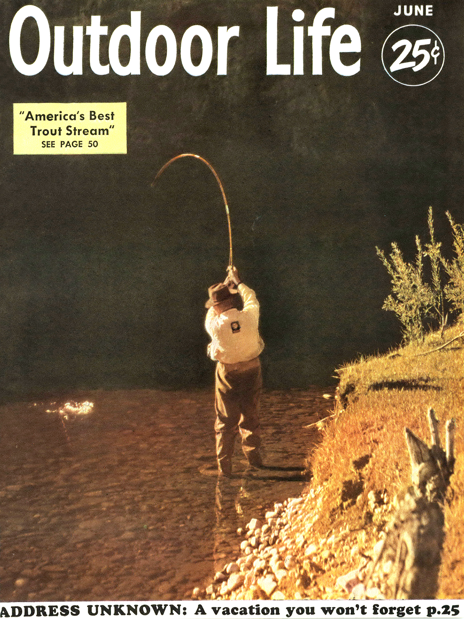 Angler stands in shallow water and fights fish further out in water; composed magazine cover from June 1953