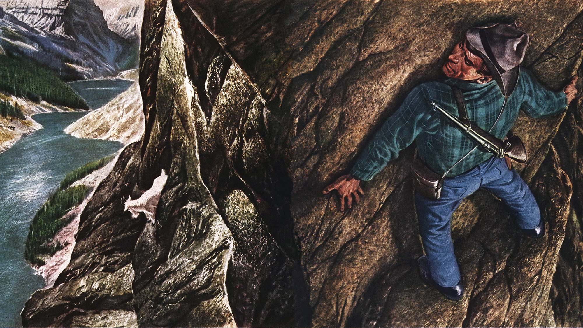 “What if he were to take alarm and come pounding up the narrow trail to which I clung?” This story, “Flesh and Rock,” originally ran in the June 1953 issue.