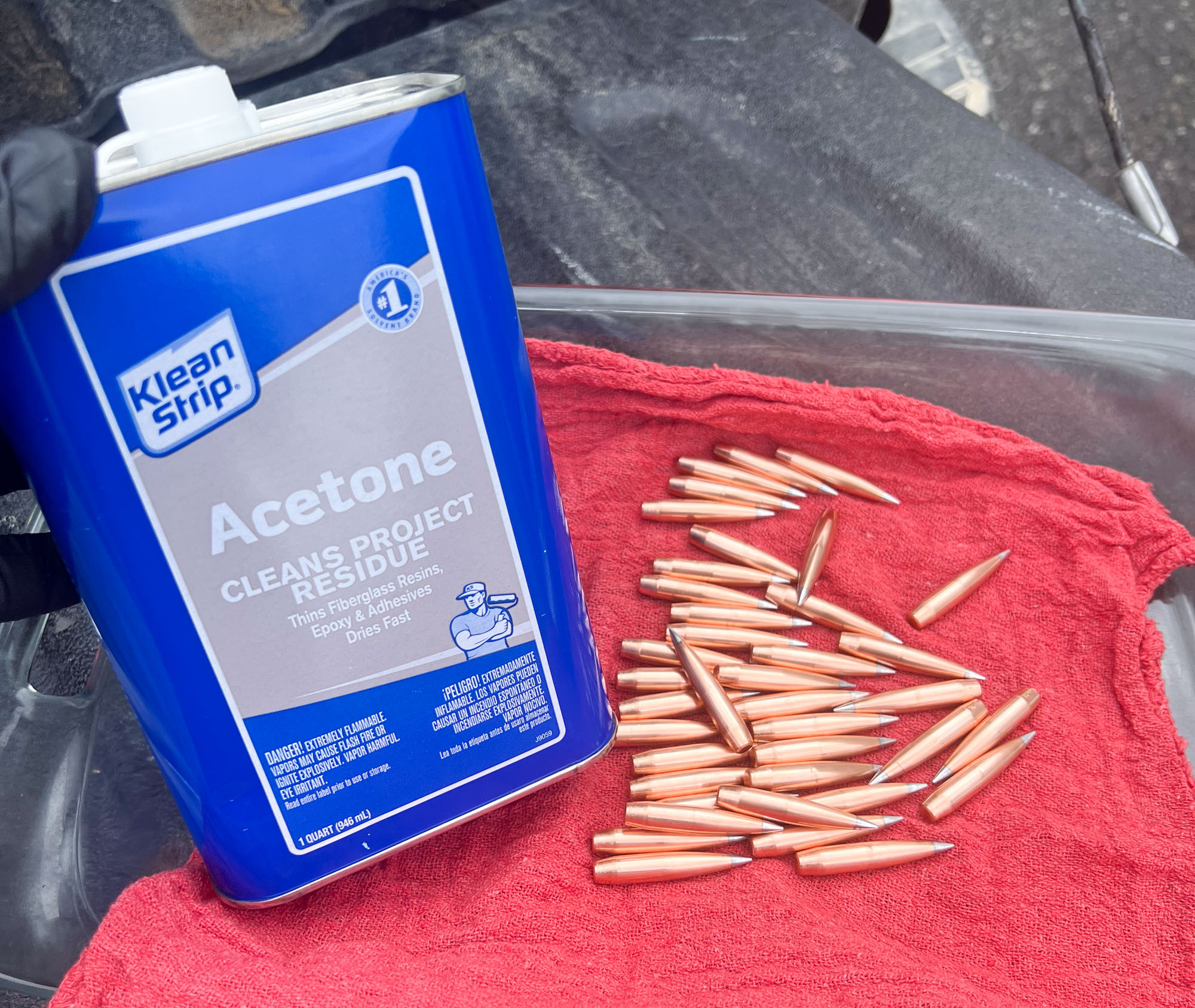 A lint-free rag and acetone is a quick and effective way to clean the lube off Hornady A-Tip bullets.