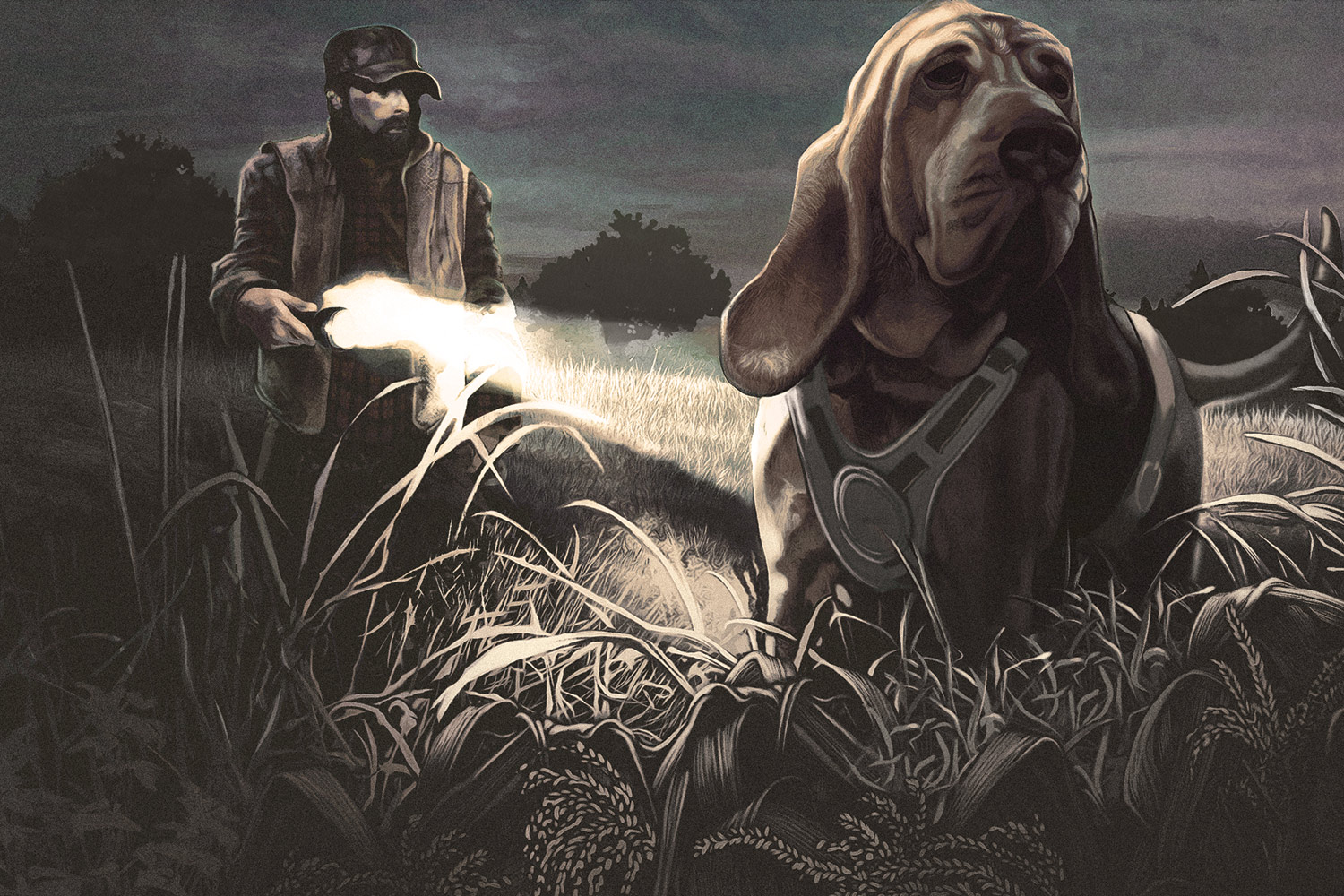 hunter stands in field holding flashlight out, dog in foreground