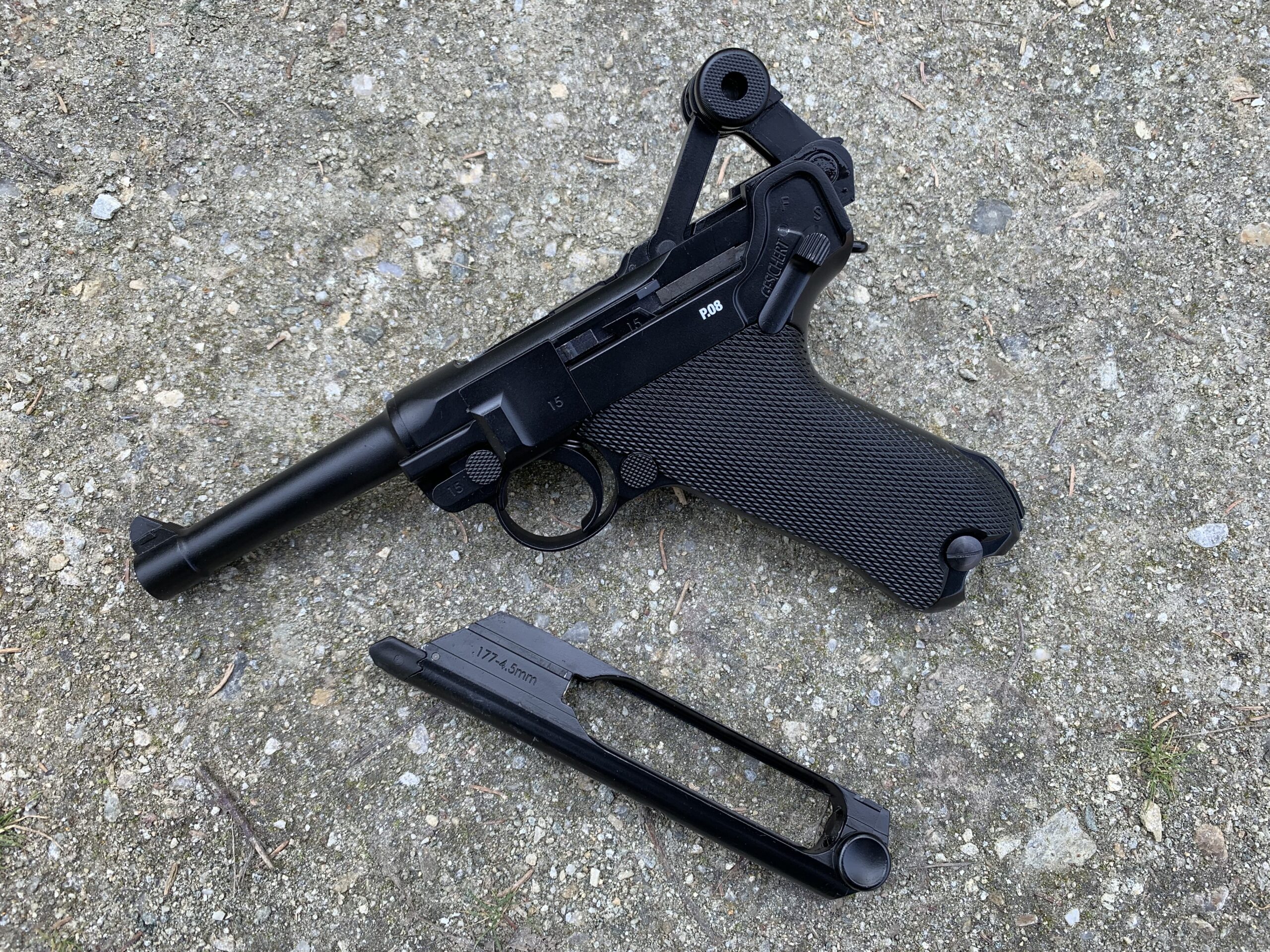 The Umarex Luger bb gun with the action open